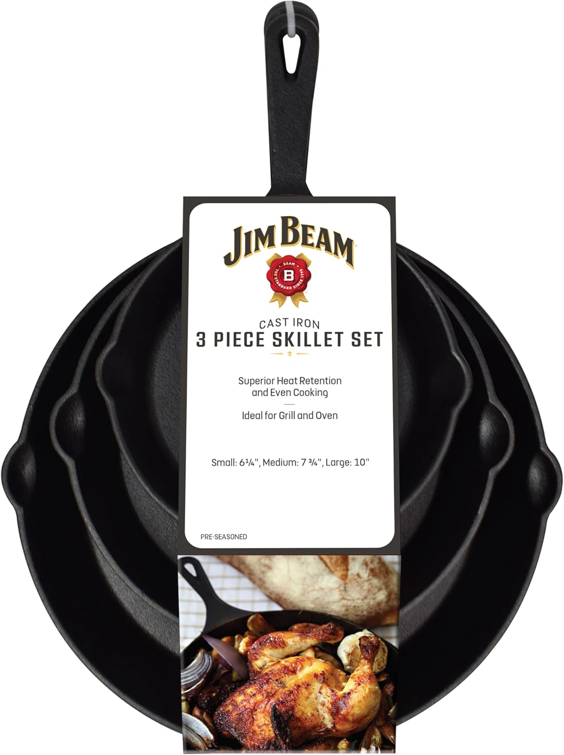 Jim Beam HEA Set of 3 Pre Seasoned Cast Iron Skillets with Even Distribution and Heat Retention-6" 8" 10", 10'', Black image number 5