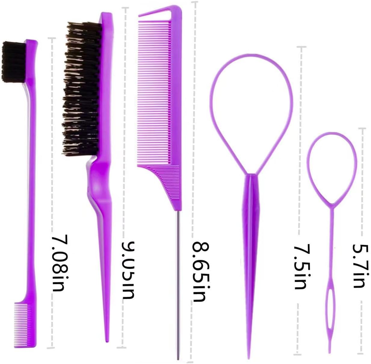 8Pcs Hair Brushes Set with 4Pcs Topsy Hair Tail Tools 1Pcs Bristle Teasing Hair Brush 1Pcs Edge Control Brush 2Pcs Metal Pin Rat Tail Combs for Woman Girl Hair Styling,Edge&Back Brushing Purple image number 2