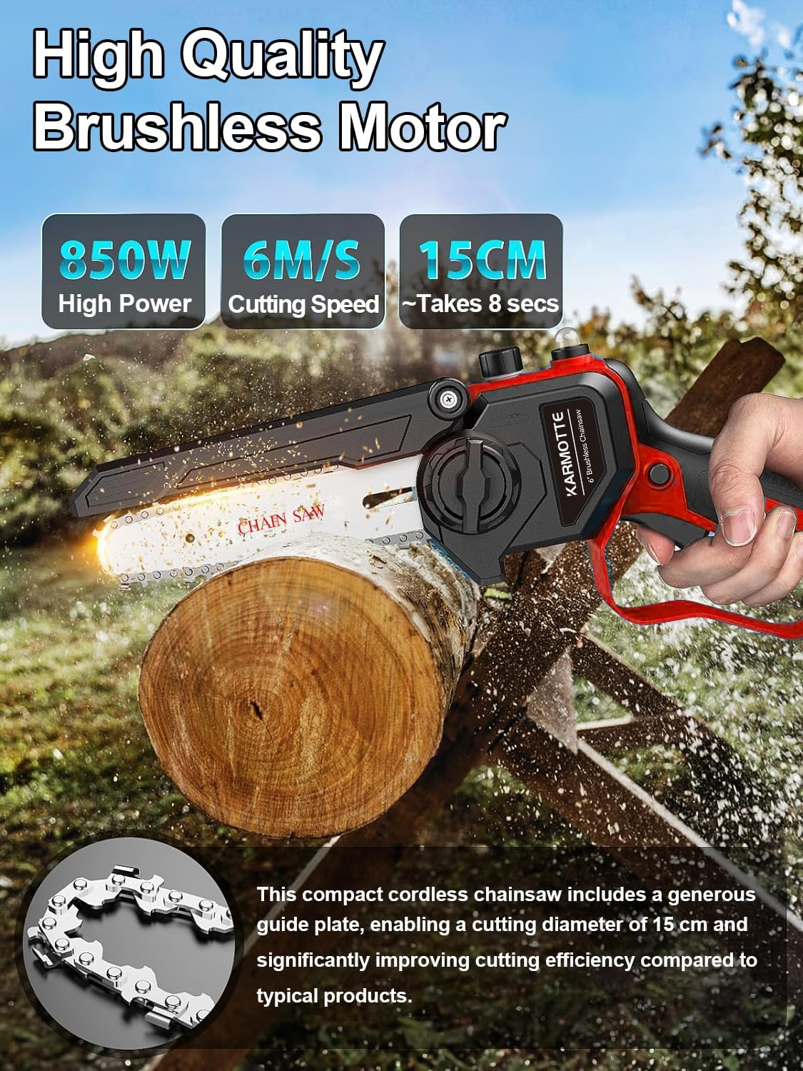 Mini Chainsaw 6-Inch Brushless with 2-Pack 2000Mah Batteries, Auto Oiler System, Toolless Adjustment Portable and Cordless for Wood Cutting Tree Trimming DIY Projects Gardening Camping (Crimson Red) image number 5