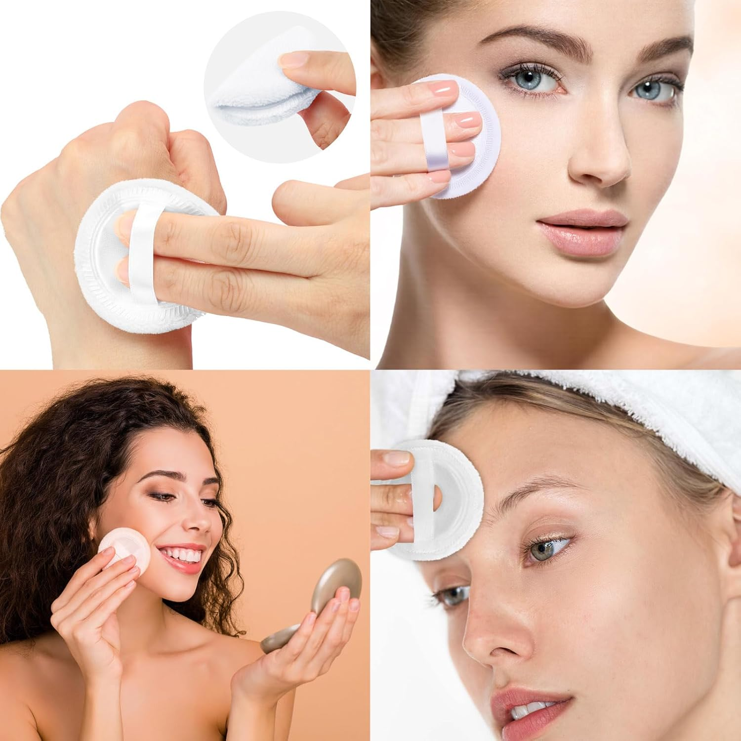 4 PCS Makeup Powder Puff,Washable 2.36 Inch Cotton Puff Pads with Ribbon,White round Beauty Tools for Loose Foundation Setting Puffs and Liquid Cosmetic image number 5