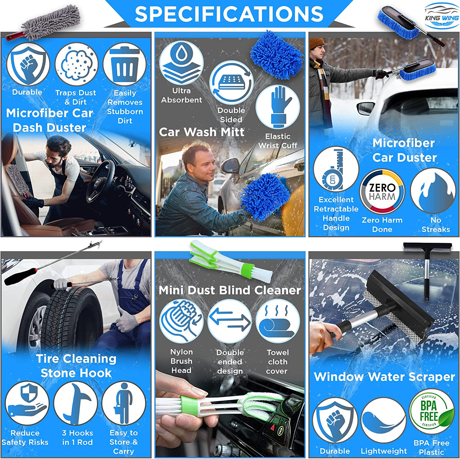 King Wing Car Wash Kit-30Pcs, Interior and Exterior Car Cleaning Tools Kit Includes Multi Size Microfiber Towels, Scrapper, Sponge, Mitt, Duster, Brushes, Wax Pads, Collapsible Bucket, Tire Repair Kit image number 4