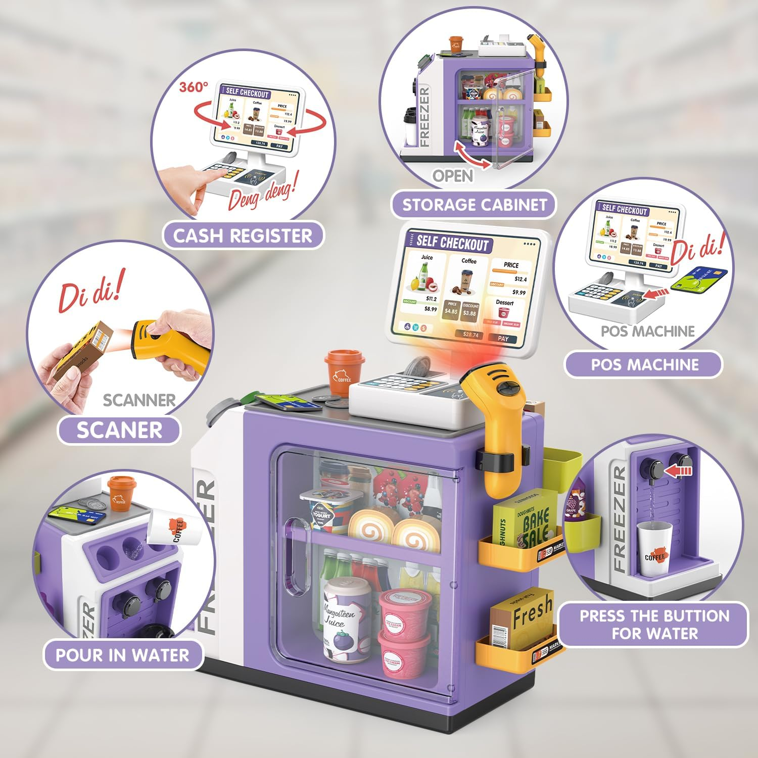 46PCS Cash Register Playset for Kids Pretend Play Mini Supermarket (Pink) image number 6