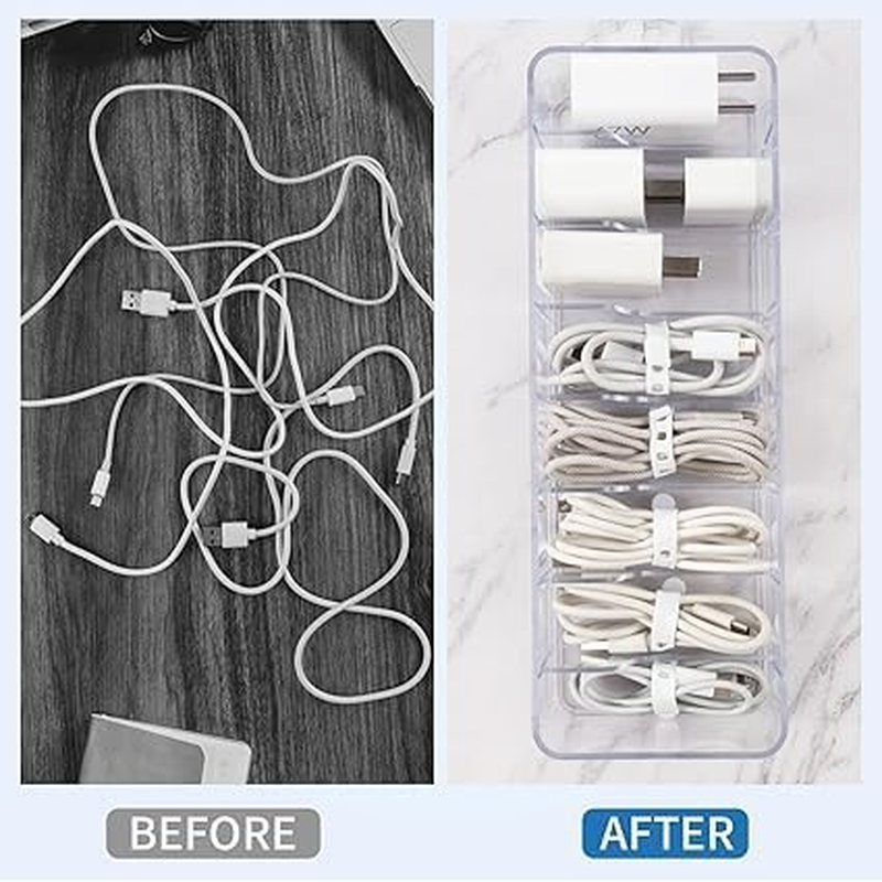 4 Pcs Clear Plastic Charger Cord Organizer Box, Cable Management Box with 40 Wire Clips, Electronics Organizer for Home Office Desktop Accessories （With One Lid）