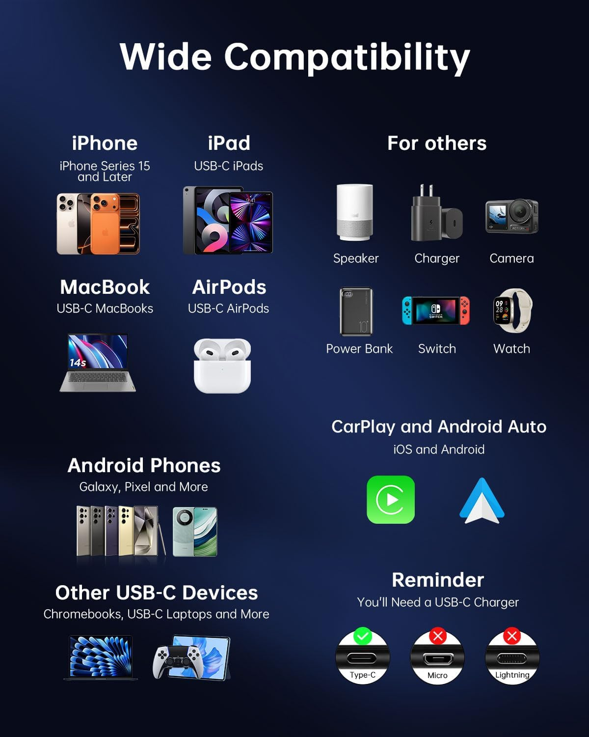 240W Short USB C to USB C Cable (0.5M, 2 Pack), Fast Charging USB C Cable Compatible for Iphone 17/17Plus/17Pro/Max, Macbook Pro/Air, Ipad Pro/Air/Mini Galaxy S25/S24/S23 Pixel Laptop Switch image number 5