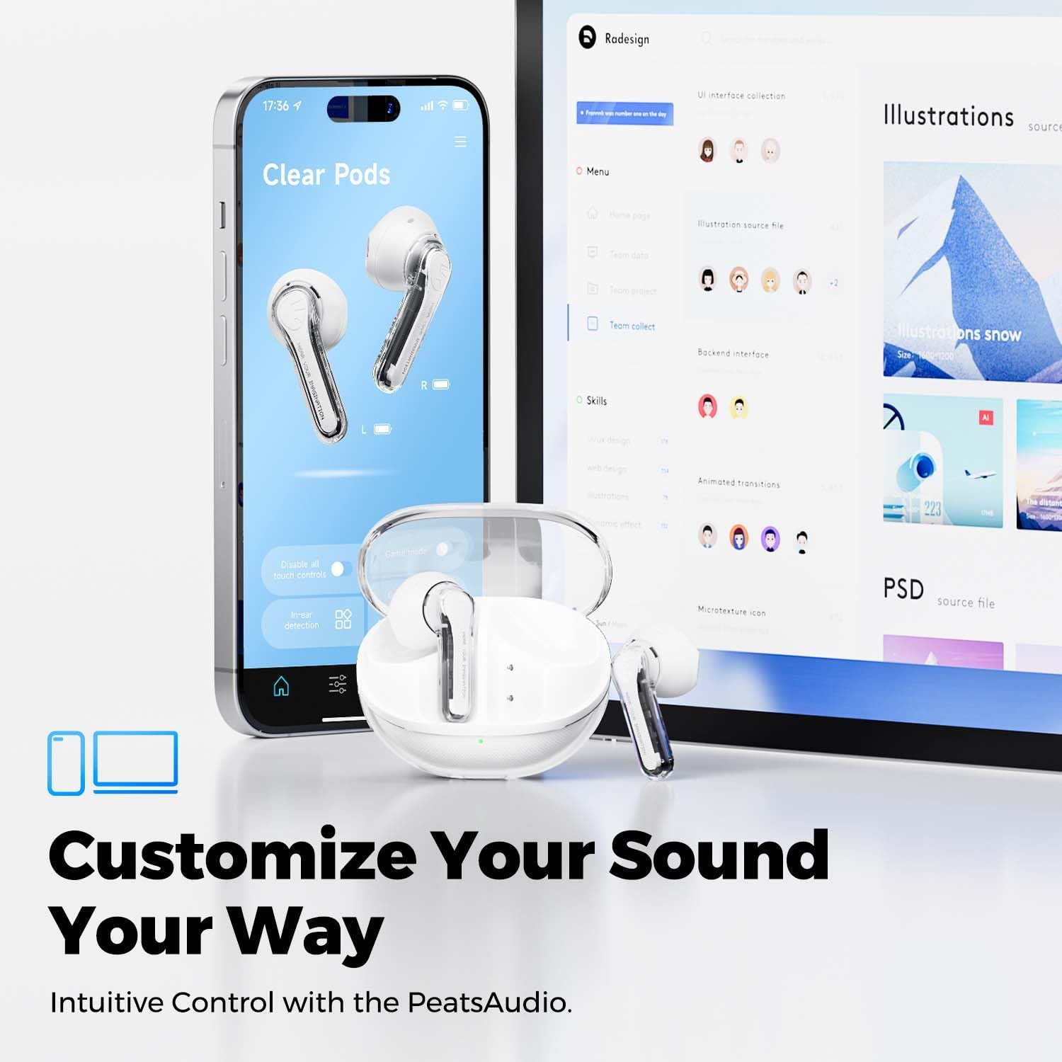 Wireless Earbuds, Soundpeats Clear Pods Bluetooth 5.3 Headphones, 13Mm Drives for Stereo Sound Earphones with 40H Playtime, Dual Mic with ENC for Clear Calls, Game Mode, App Control -Transparent - White image number 5