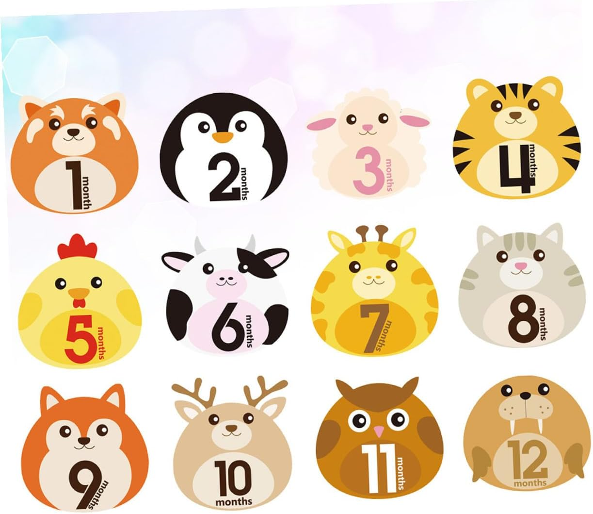 12 Sheets Milestone Stickers with Animal Design Self-Adhesive Monthly Decals for Newborn Photo Keepsake Reusable Belly Stickers for Boys image number 4