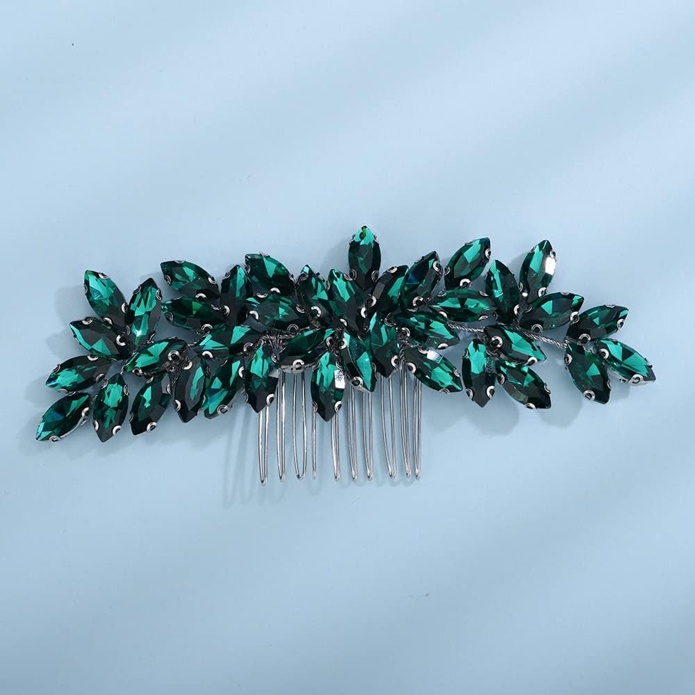 Teyglen Women'S Dainty Simple Rhinestone Hair Comb - Luxurious Shiny Bridal Side Hair Accessory for Weddings (Silver-Green)