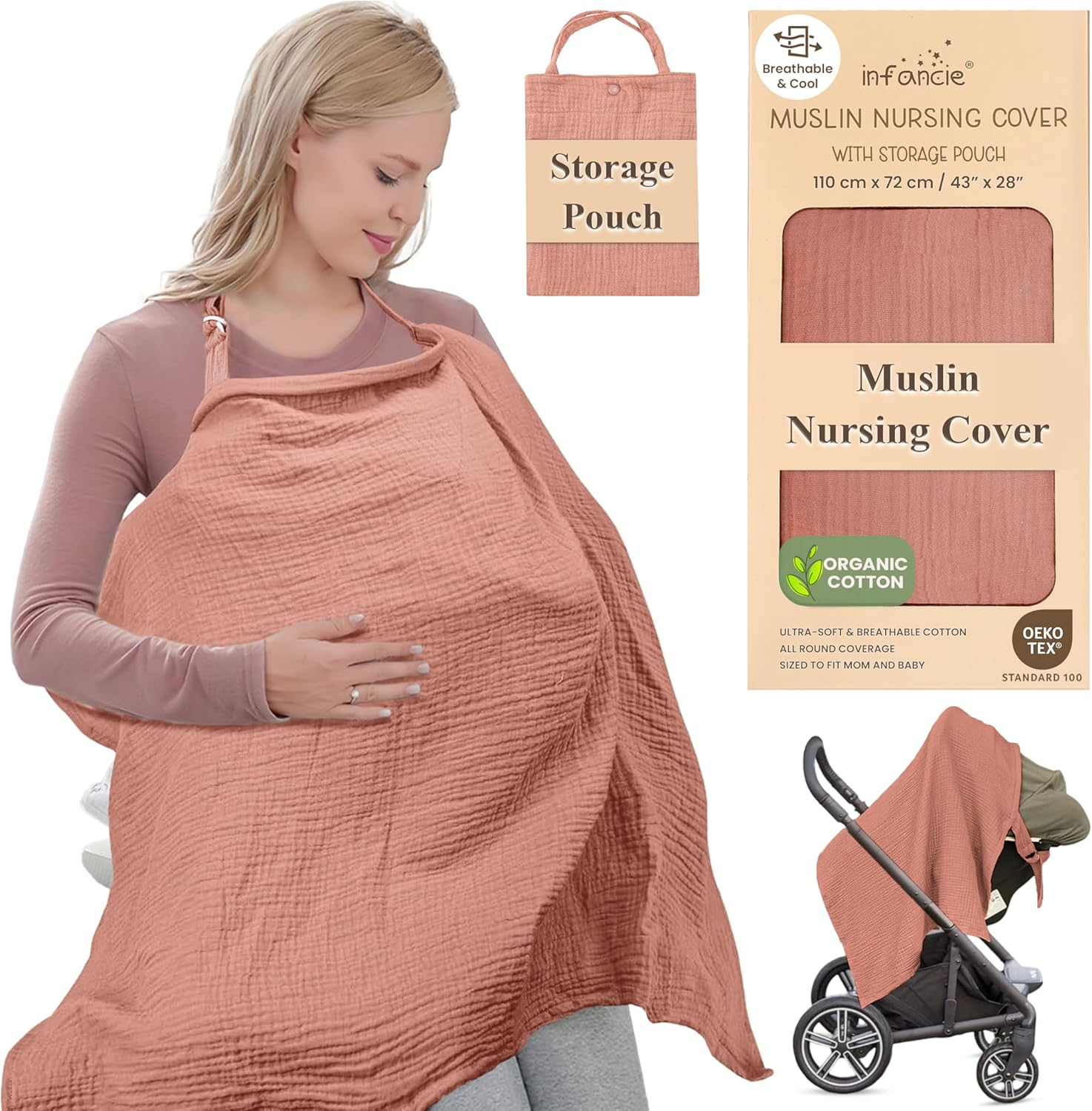 Organic Cotton Nursing Cover - 109 X 71 CM Breathable Muslin Breastfeeding Cover, Multi-Purpose for Women (Pink)