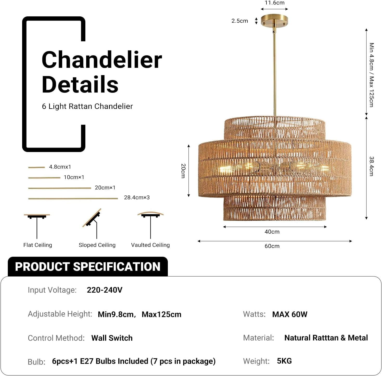 USOR 6-Light Boho Rattan Chandelier Vintage Light Fixture Woven Dome Farmhouse Pendant Light Wicker Straw Look Lamp Rattan Pendant Shade for Kitchen Island Foyer Bedroom Living Room Dining Room D60M image number 3