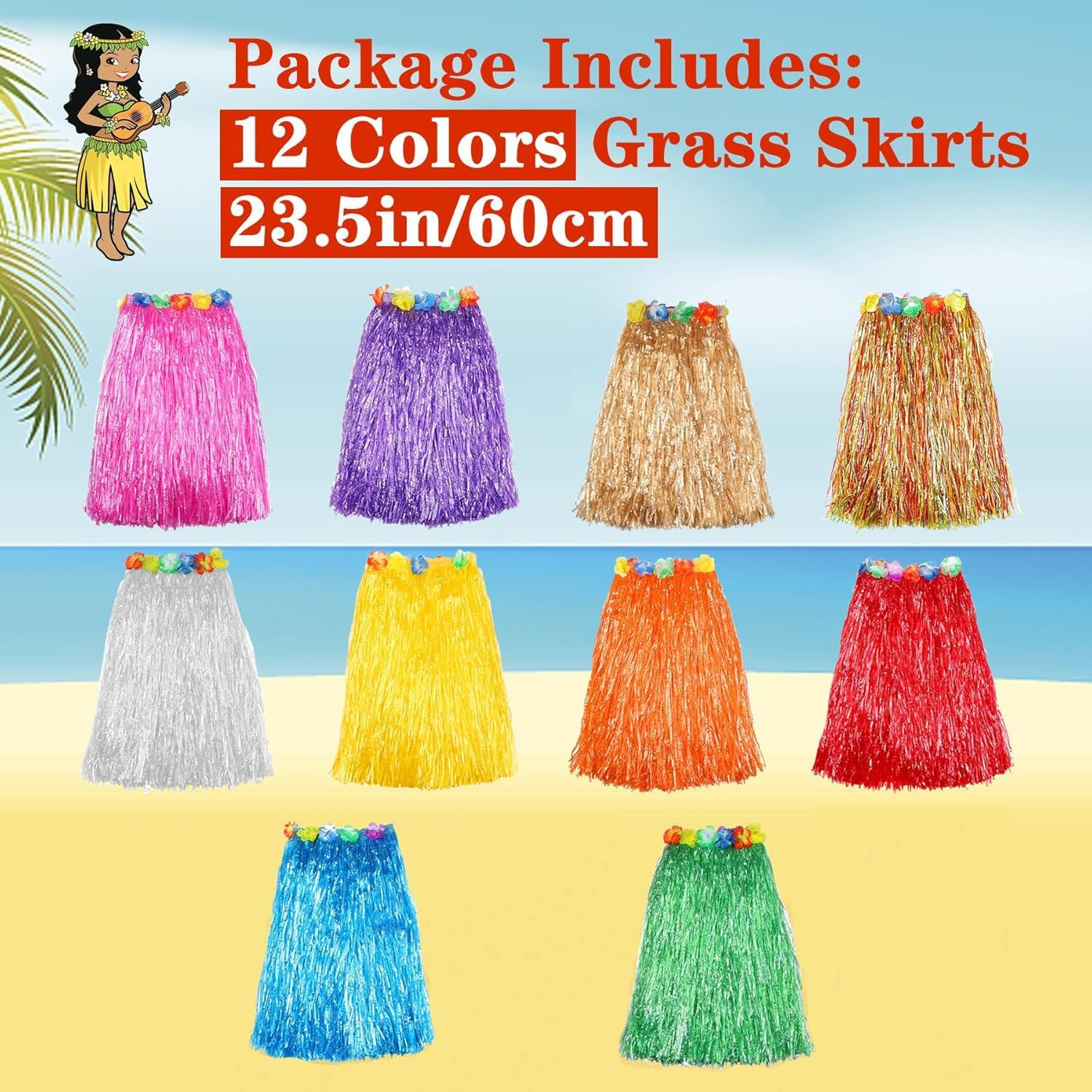 Grass Skirt Hawaiian Luau Hula Skirts Party Decorations Favors Supplies Multicolor Grass Skirts for Adult Elastic Hibiscus Flowers Tropical Skirt, Birthdays, Celebration 60CM 10Pack, Multicolored image number 6