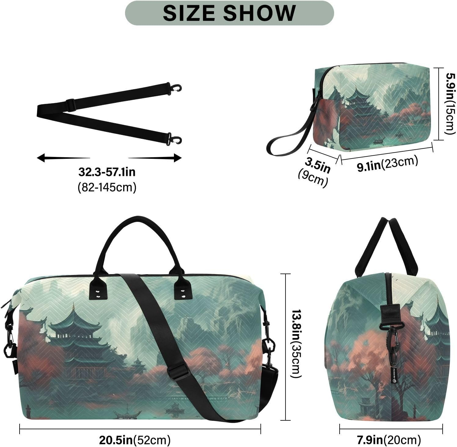 XYMZR Large Travel Duffel Bag, Building Chinese Style Sports Tote Gym Bag, Shoulder Weekender Overnight Bag for Women Men, Carry on Luggage with Toiletry Bags, Multi-Colored, Multi-Colored image number 4