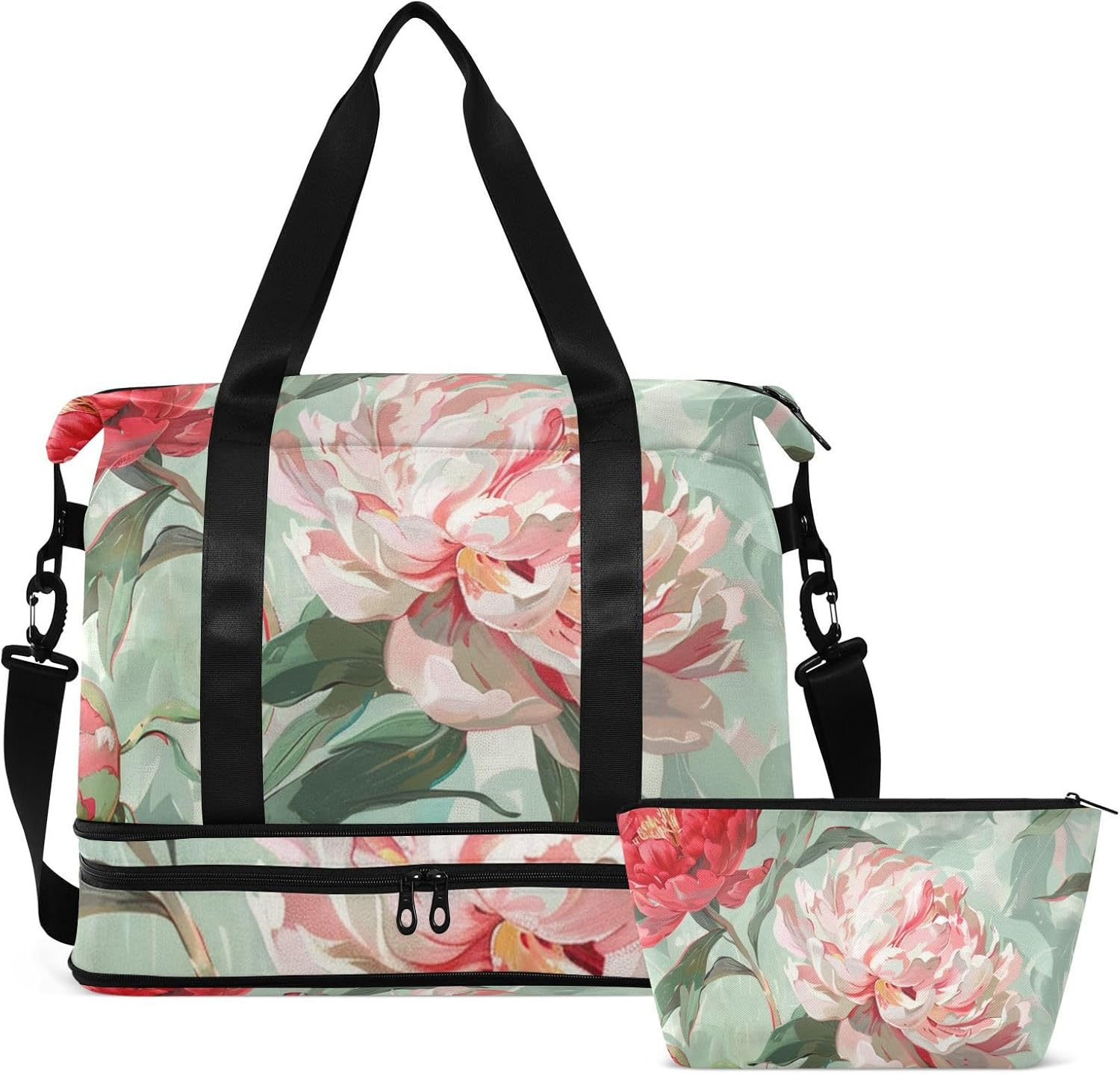 Oil Painting with Vintage Red Peony Flowers Luggage Travel Bag Travel Weekender Gear Bag with Toiletry Bag for Business Trips Waterproof, Oil Painting with Vintage Red Peony Flowers, 1 Size, Oil image number 3