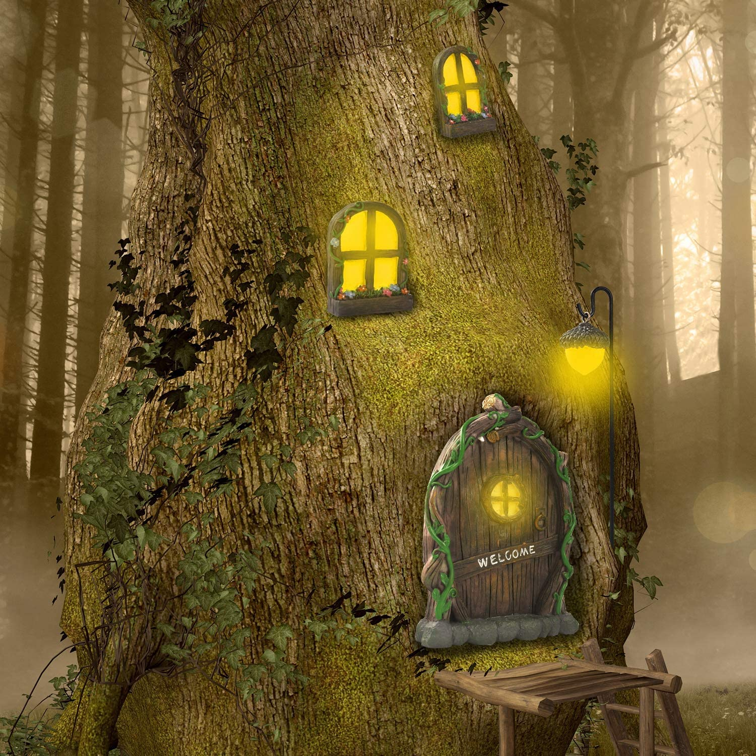 GANGH Garden Fairy Door Kits, Miniature Fairy Tree Ornaments, Fairy Doors Fairy Doors & Windows Kits for Tree Decorations Luminous Doors & Windows Kids Windows Glow in the Dark, Yellow, (GANGH08) image number 6