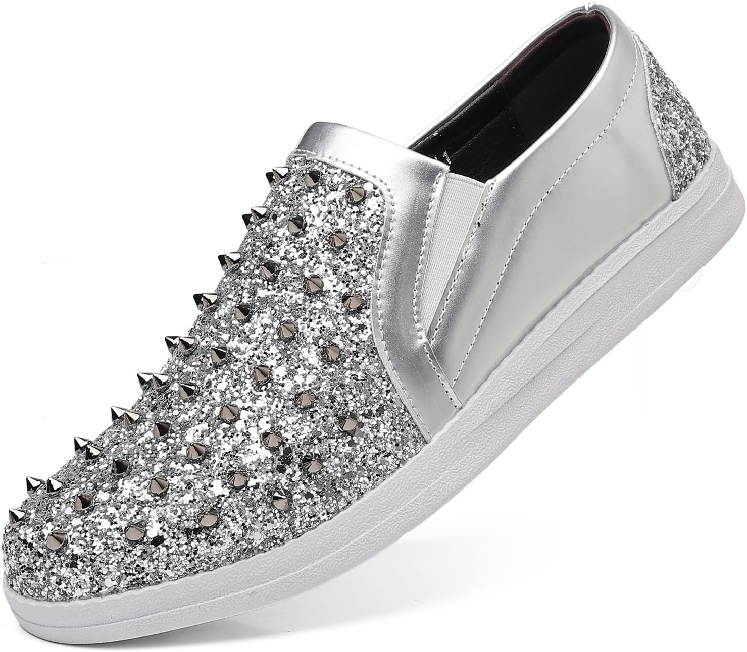 Trsorini Men'S Glitter Spikes Sneakers Sparkly Shiny Light-Up Shoes Metal Rivet Soft Sole Male Shoes