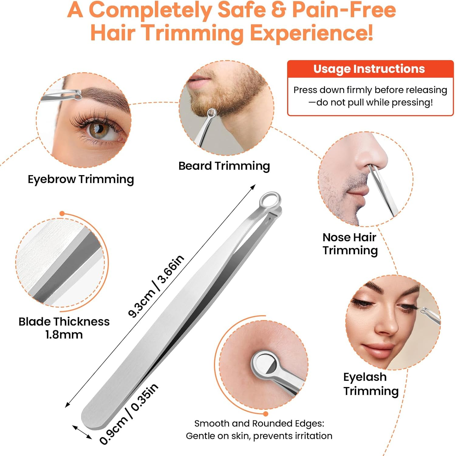 THRAU Nose Hair Trimmer for Men & Women, Stainless Steel Facial Hair Remover for Ear, Eyebrow and Beard, round Tip Trimming Tweezers, Body Grooming Kit image number 4