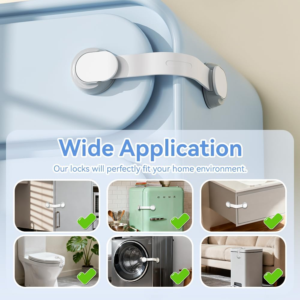 SAFELON 6 PCS Child Safety Locks, Cupboards Straps Locks, Baby Safety Drawer Locks, Childproof Locks for Cabinets, Kitchen, Toilets, Cupboard, Easy Install, No Tools Needed (White) - White image number 4