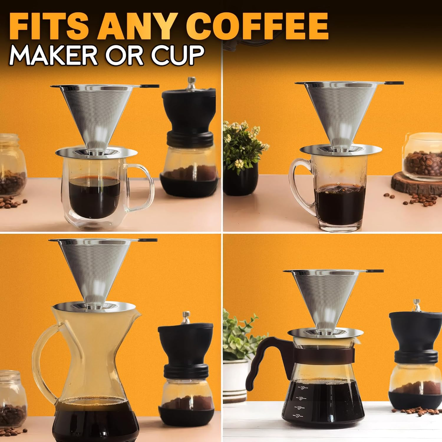 Stainless Steel Pour over Coffee Maker with Cleaning Brush & Non-Slip Silicone Handle - 2 Cups Capacity Stainless Steel Pour over Coffee Dripper with Secure Wide Base, Clean Flavor Paperless image number 1