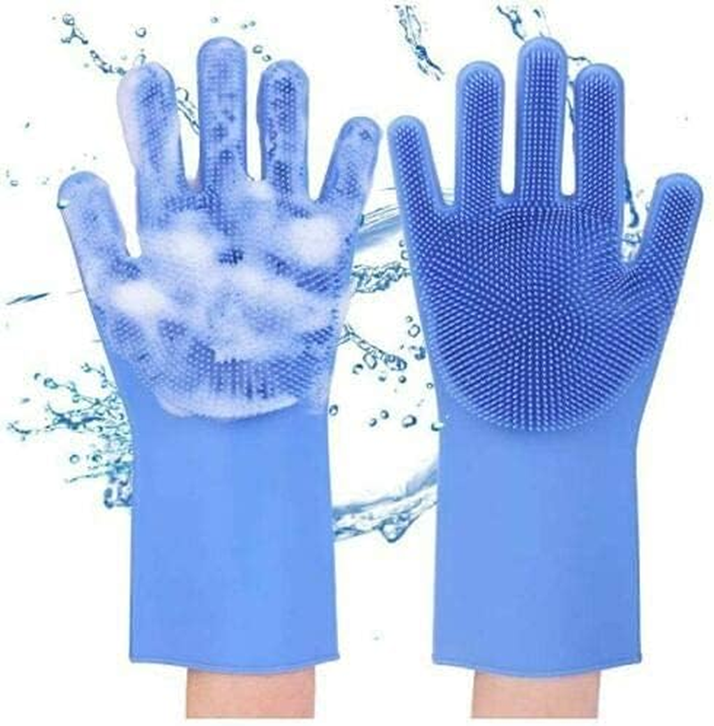 Silicone Dishwashing Gloves, Rubber Scrubbing Gloves, Sponge Cleaning Brush for Dishes Housework, Kitchen, Cars - Blue image number 1