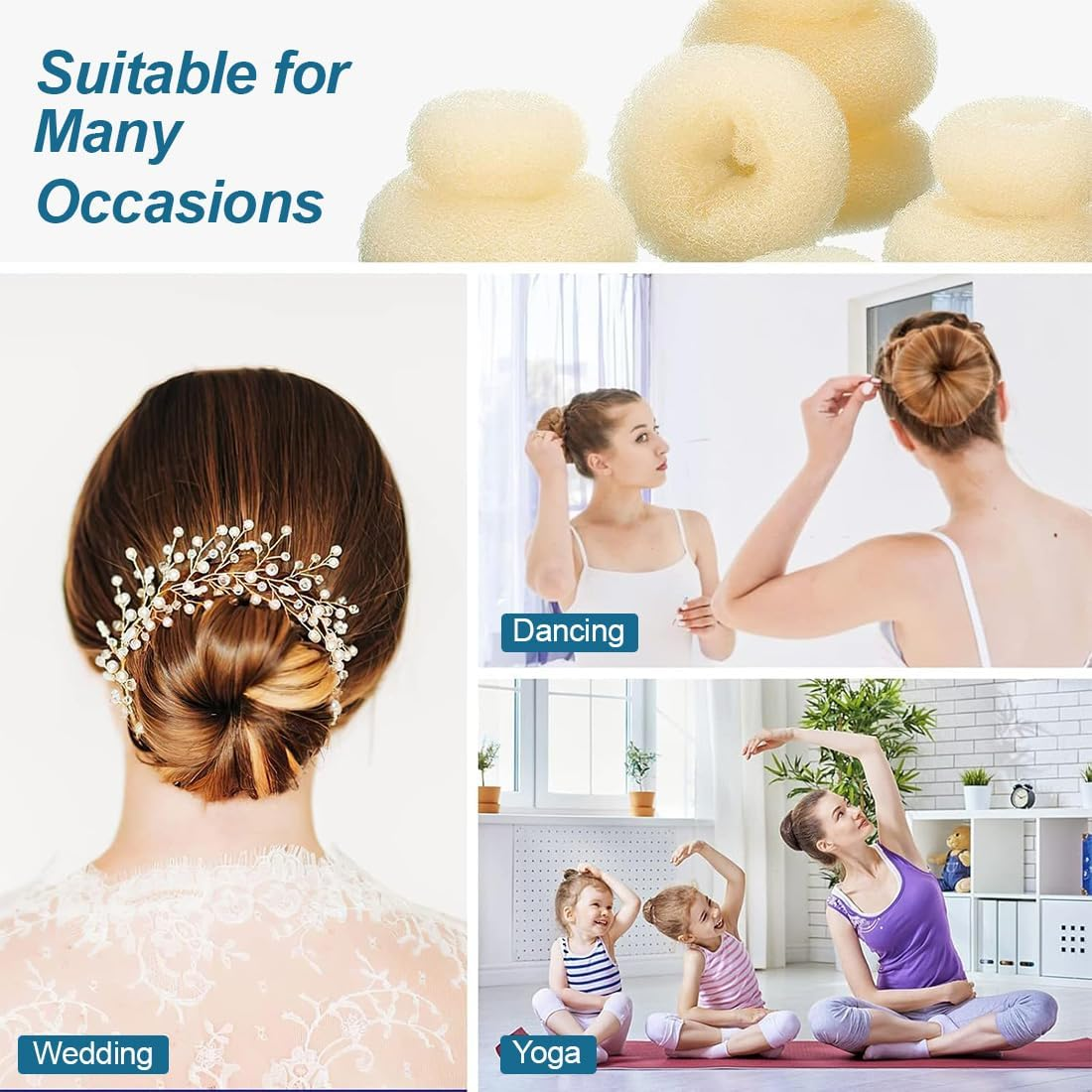 KIRZAX 7-Piece Doughnut Hair Bun Maker Set with 5 Elastic Hair Bands, 20 U-Shaped Hair Clip, Hairpin, Bun Aid Updo Accessories, Bun Maker for Children, Girls, Women (Beige) image number 2