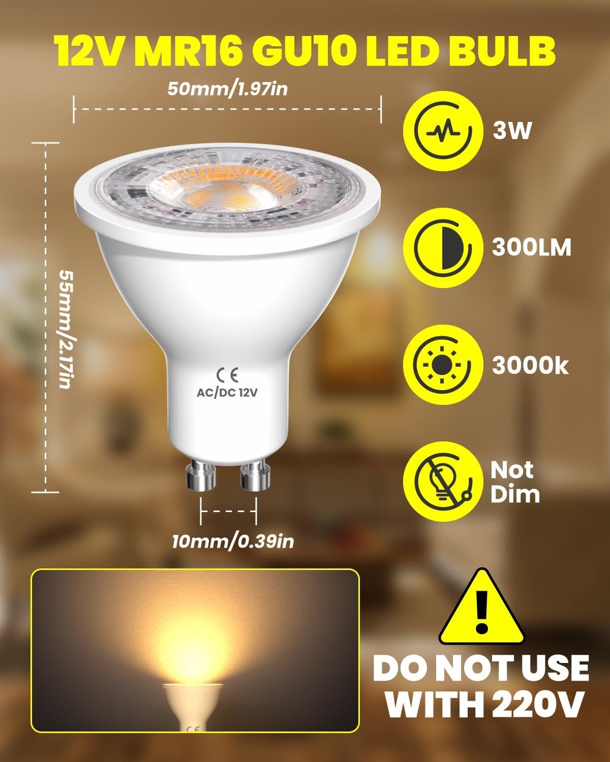 Doright AC/DC 12V GU10 LED Bulbs Warm White 3000K,3W MR16 GU10 LED Spot Lights 300LM 25W Halogen Spotlight Equivalent 38&deg;Beam Angle, Non Dimmable, Pack of 4 image number 3
