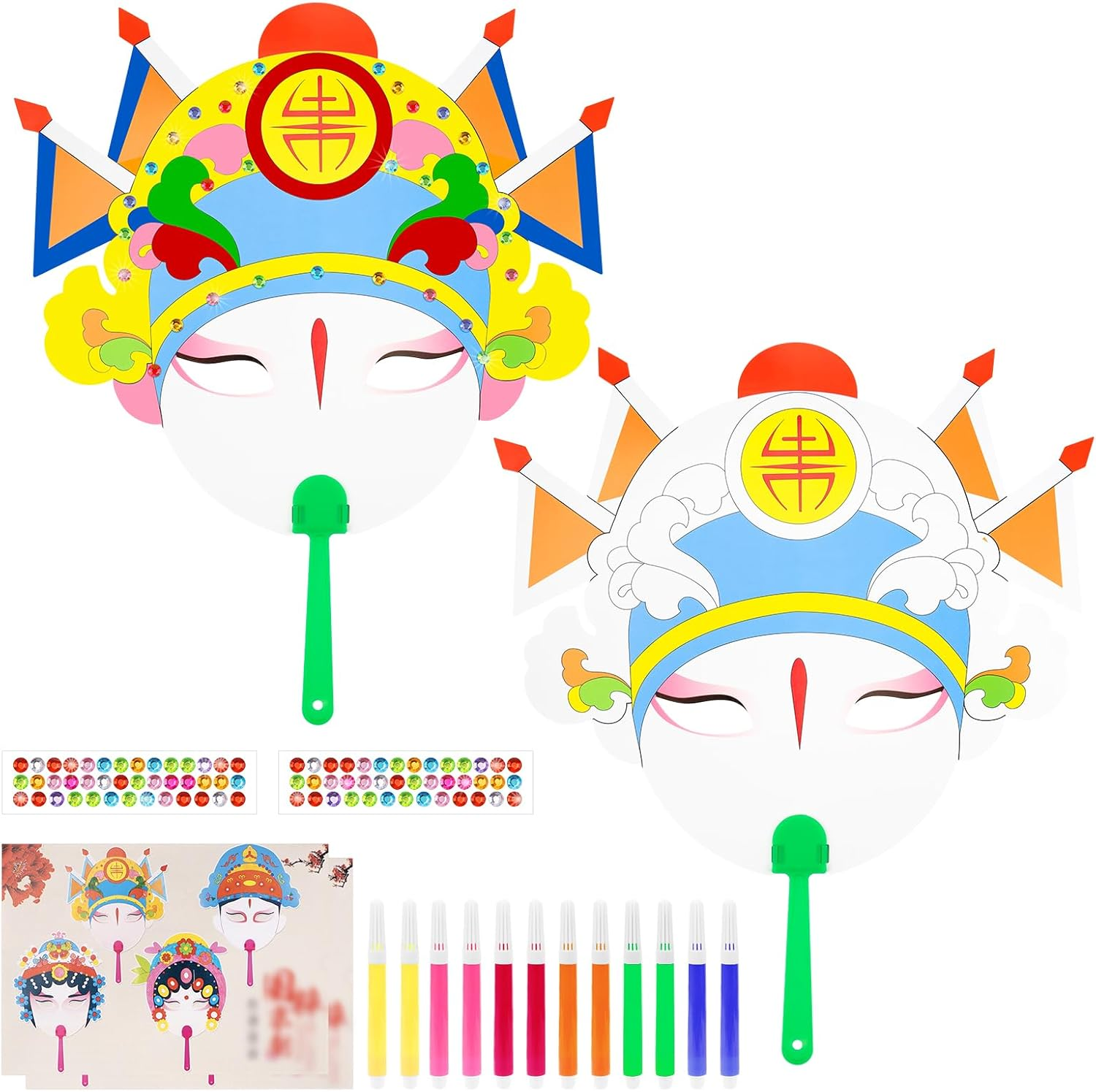 Hannafires 2PCS DIY Colorable Face Mask & Mask Fan - Traditional Chinese Peking Opera Masks, Face-Changing, Creative Painting Craft Kit for Parties, Birthdays & Holidays (Includes DIY Material Pack) image number 3
