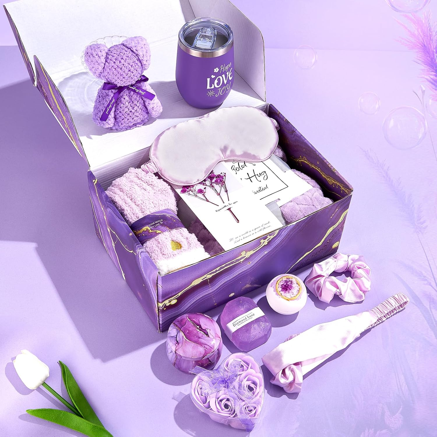 Luxury Lavender Birthday Gifts for Women &ndash; Purple Self Care Spa Gift Basket with Flannel Blanket &ndash; Relaxing Get Well Soon Gifts Set for Mom, Wife, Sister, Friend image number 6