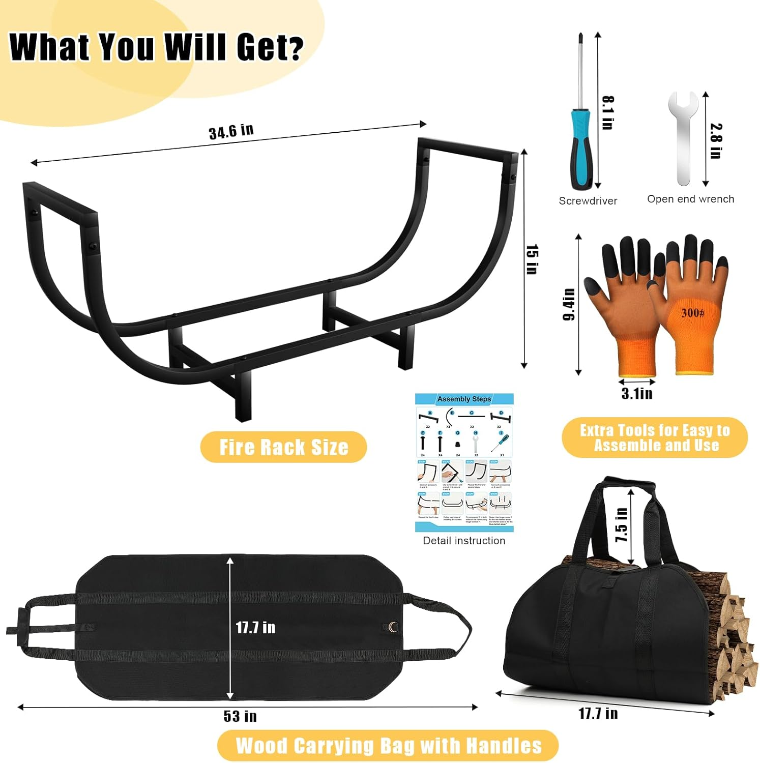 Firewood Rack Indoor with Log Carrier - 34Inch Fireplace Wood Holder, Black Outdoor Firewood Storage Organizer, Heavy Duty Log Holder for Fireplace, Patio Deck, Wood Carrier Tool