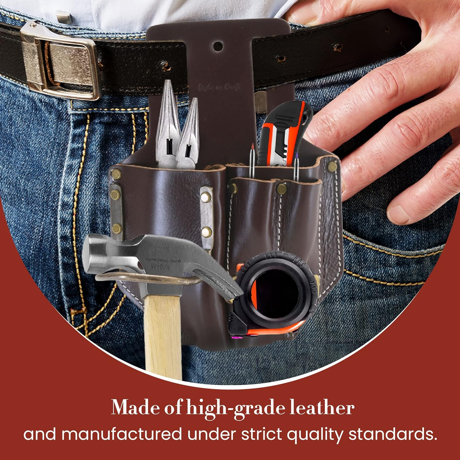 Style N Craft 4 Pocket Pliers, Hammer, Pencils & Tape Holder, Full-Grain Leather Tool Pouch, Multi Tool Holder, Dark Tan (#98017) image number 6
