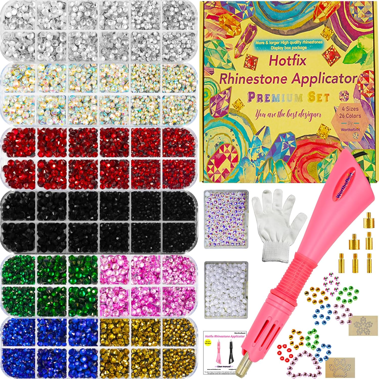 Worthofbest Hotfix Applicator with 10000 Pcs Hot Fix Gems and Pearls, Bedazzler Kit with Rhinestones for Clothing, Fabric, Clothes - Washable | Gift Box image number 5