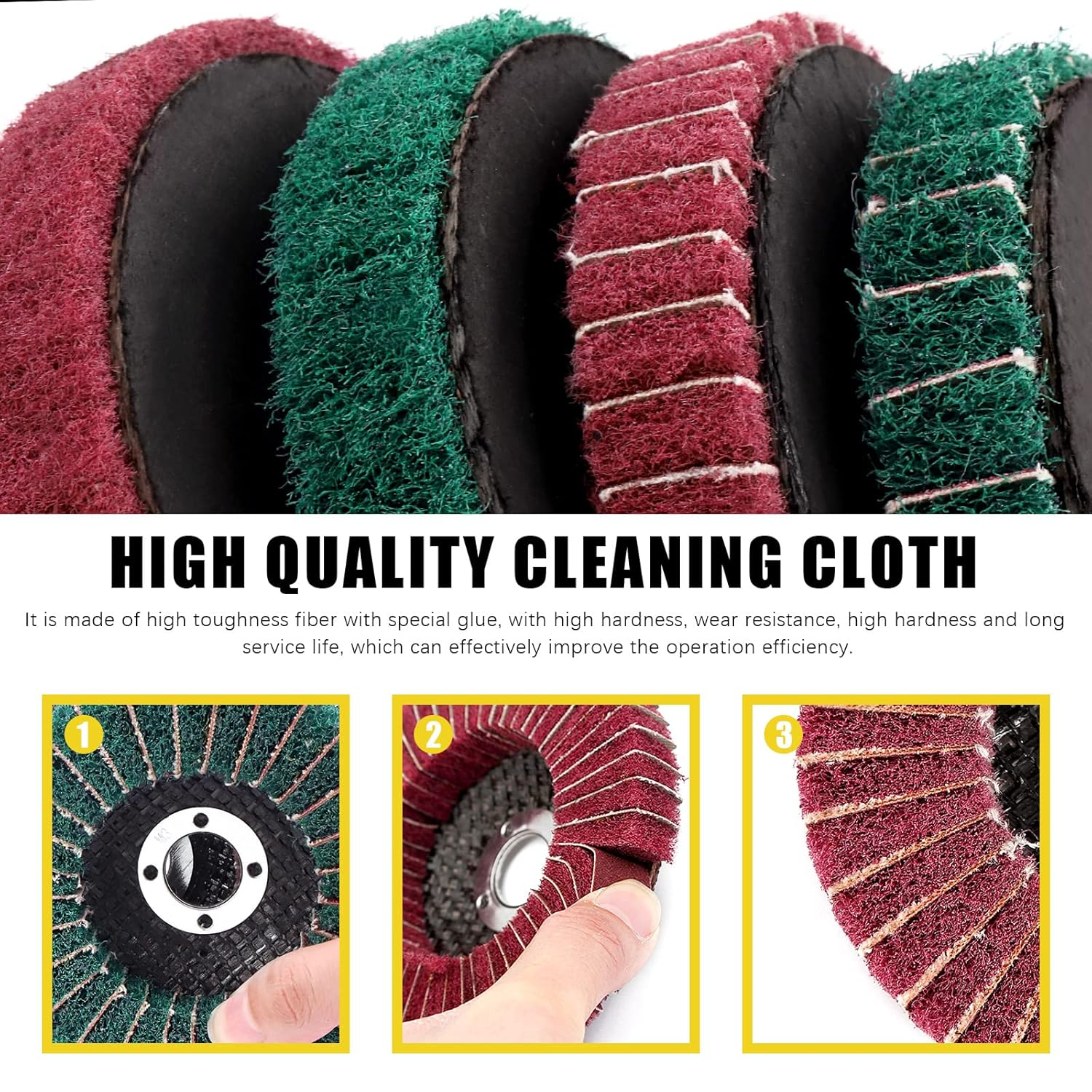 Mardatt 17 Pcs 4'' Polishing Buffering Wheels Assorted Set with Compound Includes 14 Pcs Wool & Nylon Fiber Sanding Flap Discs and 3Pcs Black, Brown & Green Compounds for Angle Grinder image number 4