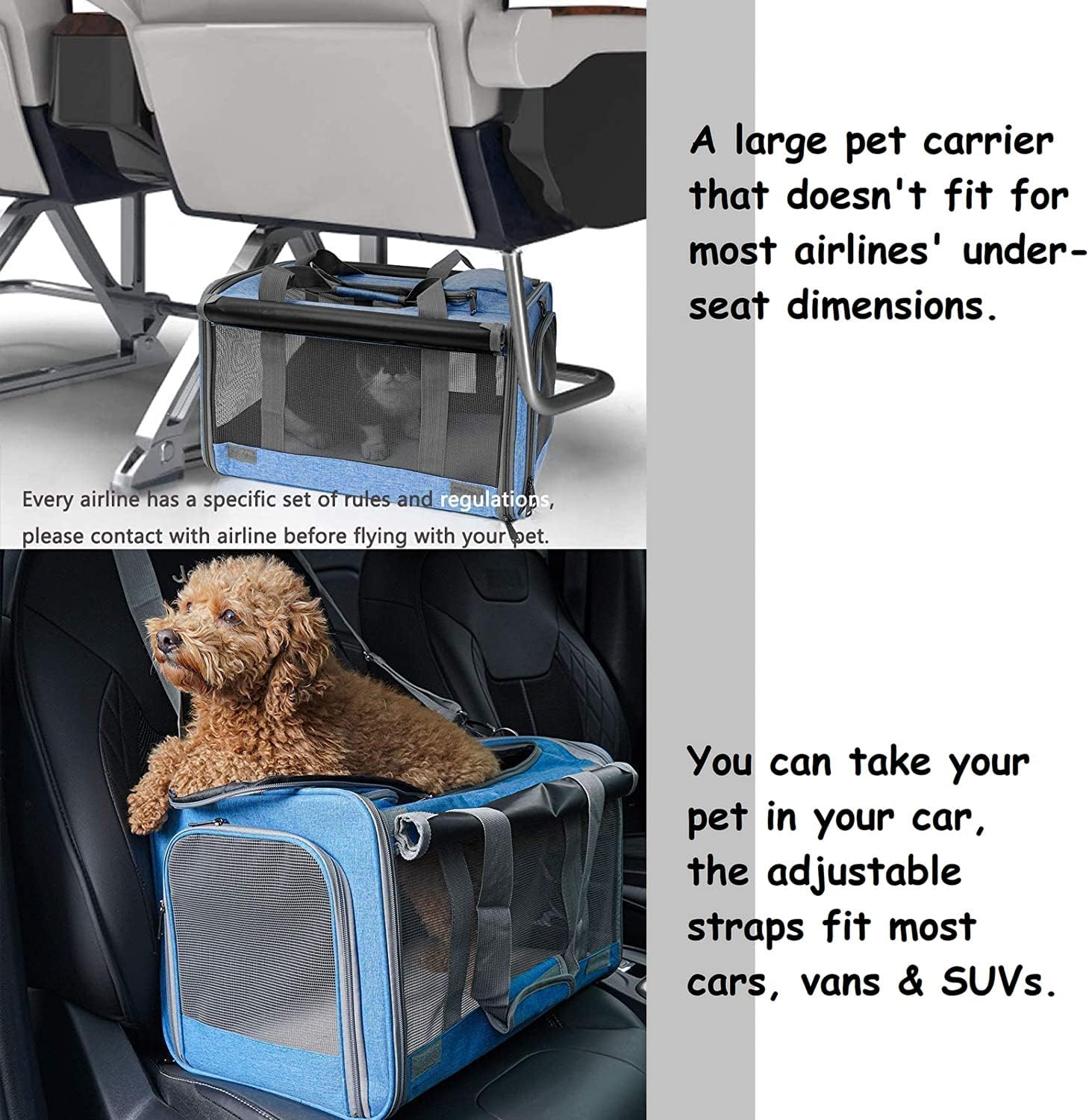 GAPZER Pet Travel Carrier Bag Dog Carriers Cat Carrier, Mesh Breathable Collapsible Puppy Carrier-Airline Approved (Blue) - Grey image number 4
