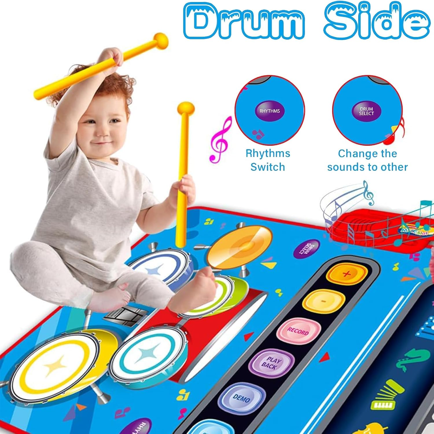 Musical Mat & Piano Keyboard & Drum 2 in 1 Floor Music Play Mat with 6 Instrument Sounds, Education Learning Toys Gifts for 3 Year Old Kids Girls Boys image number 3