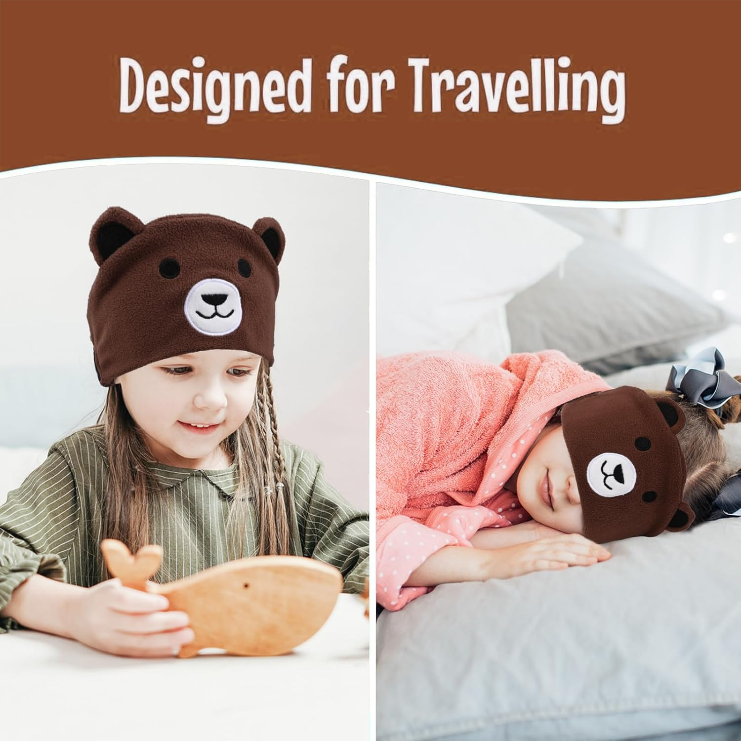 UOEPOWA Kids Headphone Headband, over the Ear Headband Headphones, Super Soft Toddler Headphones with Thin Speakers, Wireless Toddler Earphones Volume Limit to Protect Hearing (Bear) image number 2