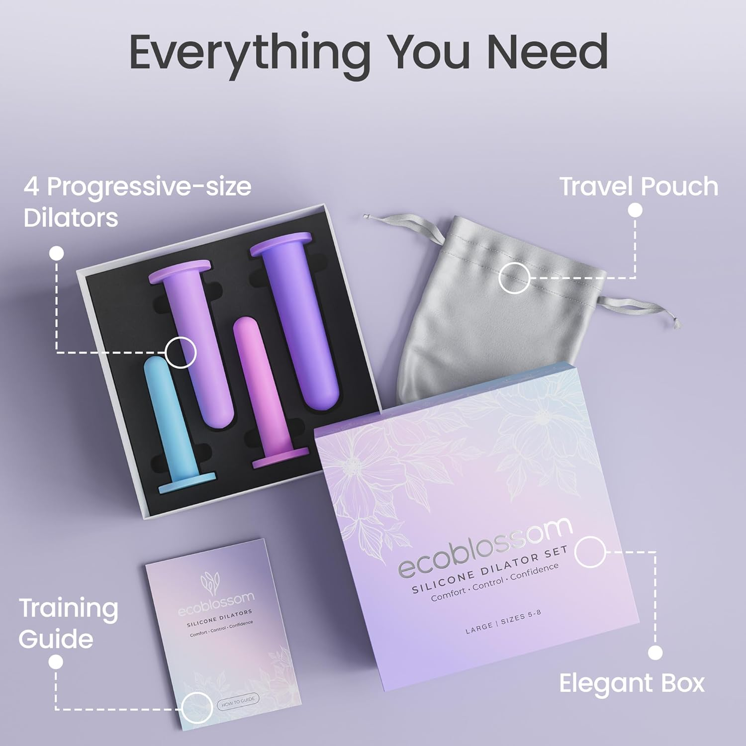 Ecoblossom Silicone Dilator Set - the Most Comfortable Dilators for Women with Pain - Pelvic Floor Trainer, Stretcher, and Expander (Large, Sizes 5-8) image number 1