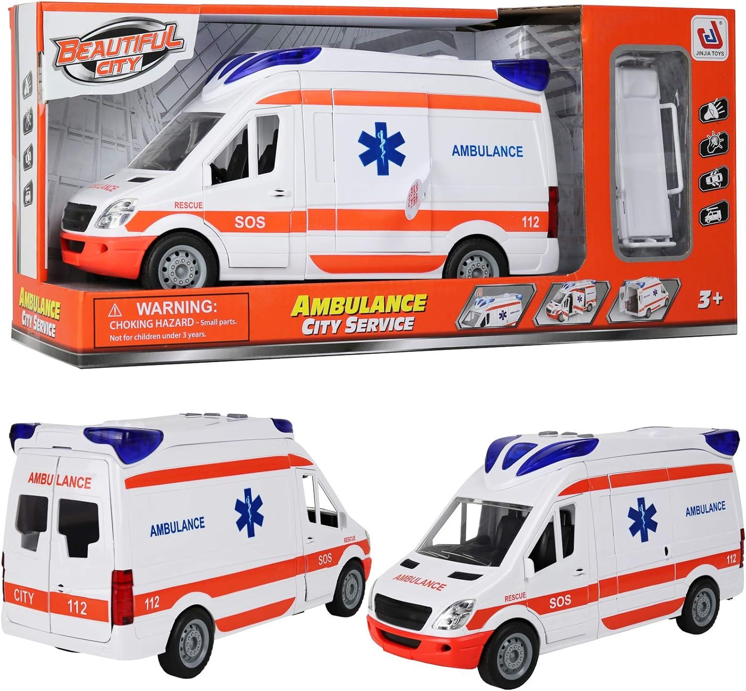 Kiddie Play Ambulance Toy Friction Powered Emergency & Rescue Vehicle Set with Lights and Siren, Doors That Open and a Stretcher image number 4