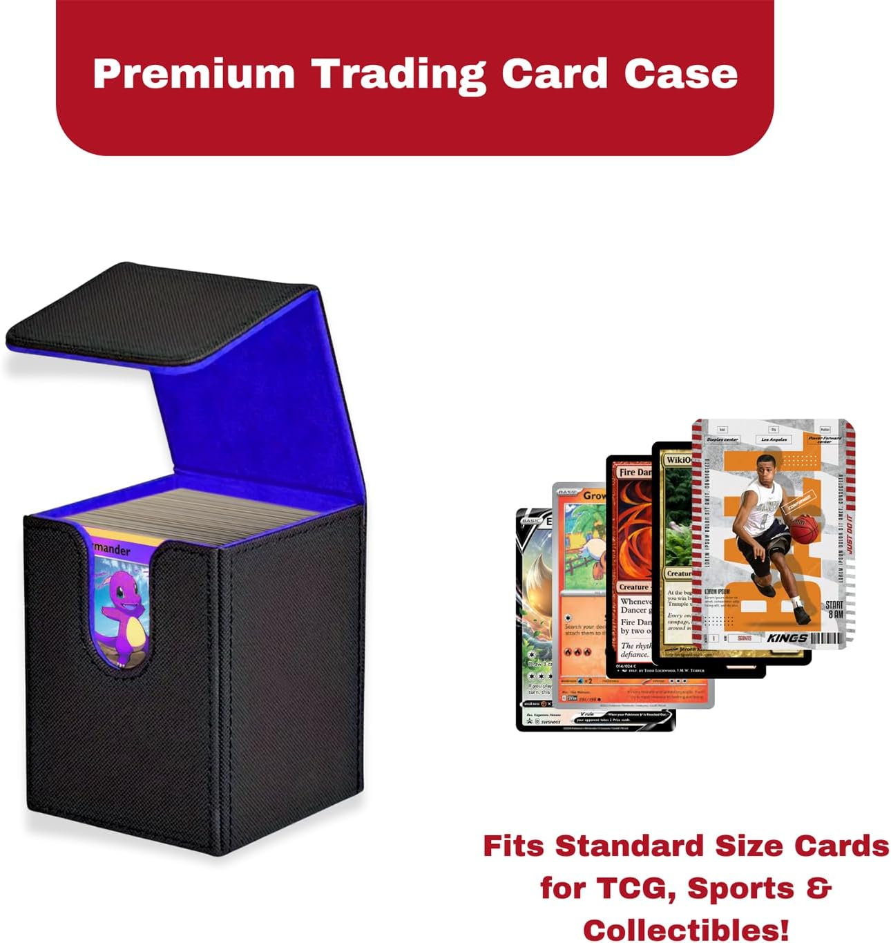 Premium Trading Card Case &ndash; Fits 100+ Sleeved Cards, Secure Hard Shell Deck Box for Collectible Cards, Compatible with MTG, TCG, and More (Black-Blue) image number 2