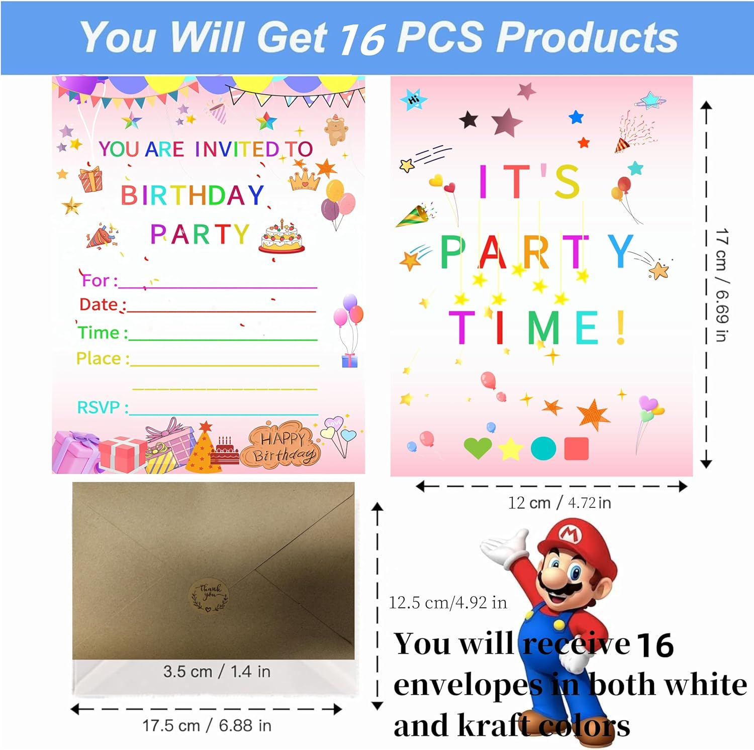 16 Pack Birthday Party Invitation Cards with Envelopes,Colorful & Attractive Invitations for Birthday Parties (Stars)