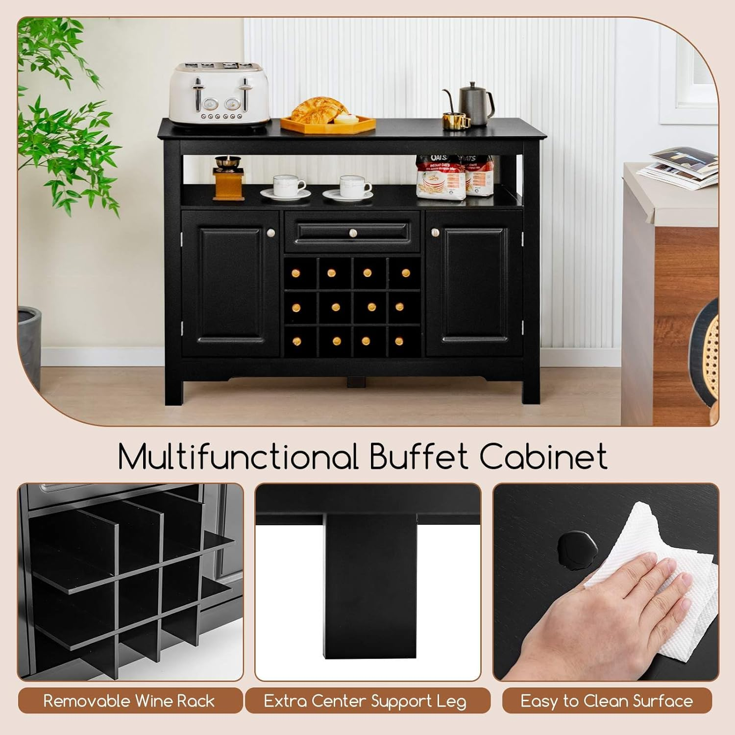 Costway Buffet Sideboard, Wine Liquor Coffee Bar Cabinet W/Removable Wine Rack, Floor Pantry Cupboard W/ 2 Doors & Drawer, Multipurpose Storage Cabinet TV Stand for Kitchen, Dining Room (Black) - White image number 3