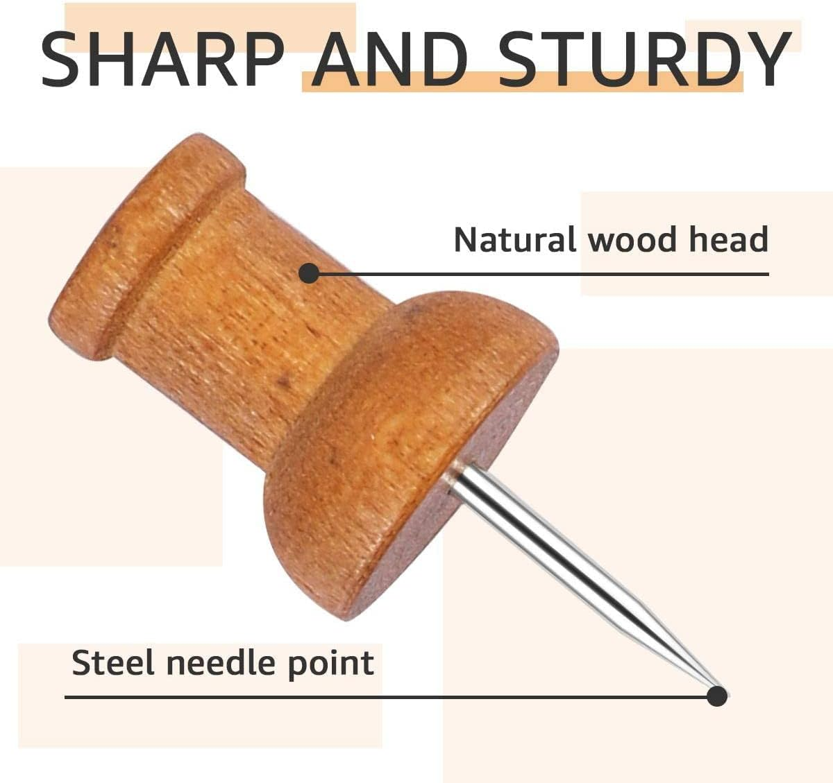 WATELL 50 Pcs Wooden Modern Brown Push Pins for Pinboard, Office, School Use, Rustproof, Heavy Duty, Thumb Tacks image number 5