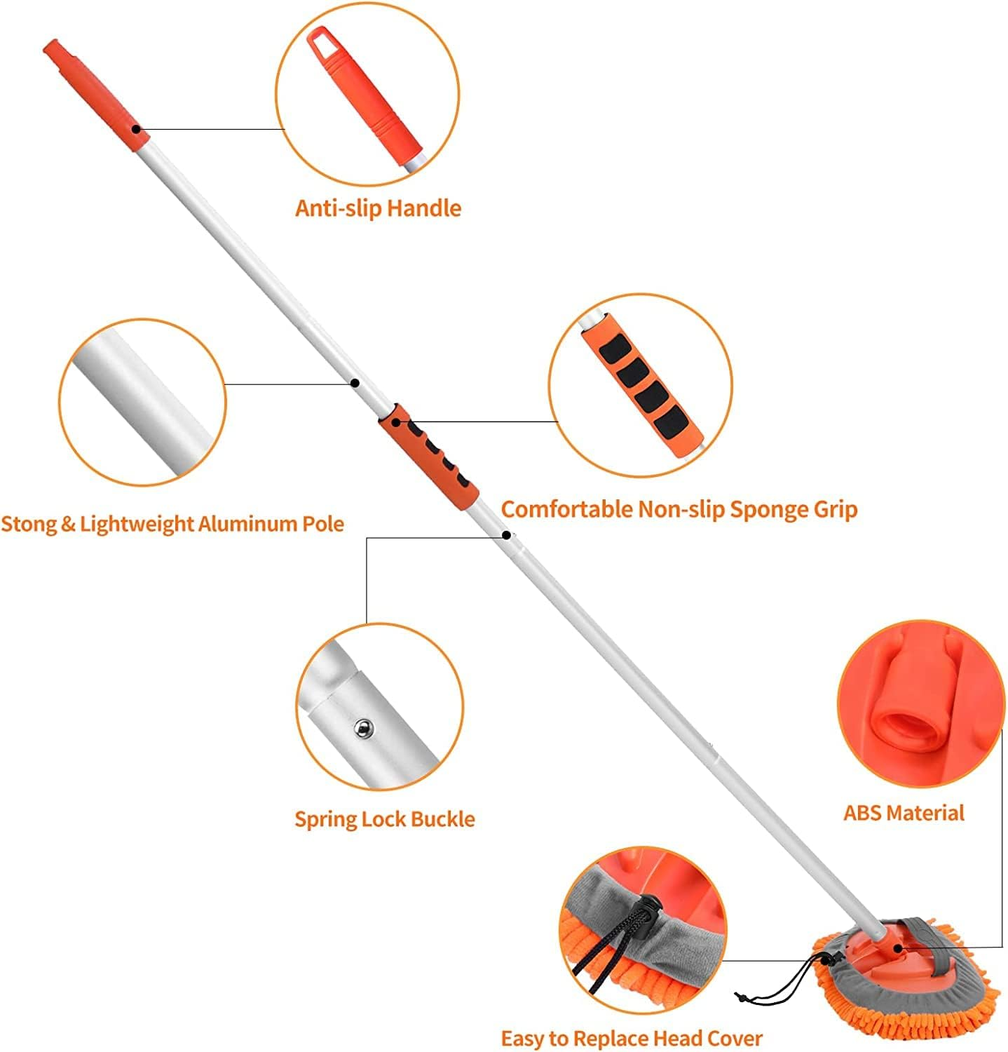 Wontolf 62'' Car Wash Brush with Long Handle Chenille Microfiber Car Wash Mop Car Washing Brush Cleaning Kit Windshield Window Squeegee Car Duster Microfiber Towels for Cars RV Truck Boat 9PCS - Orange image number 3