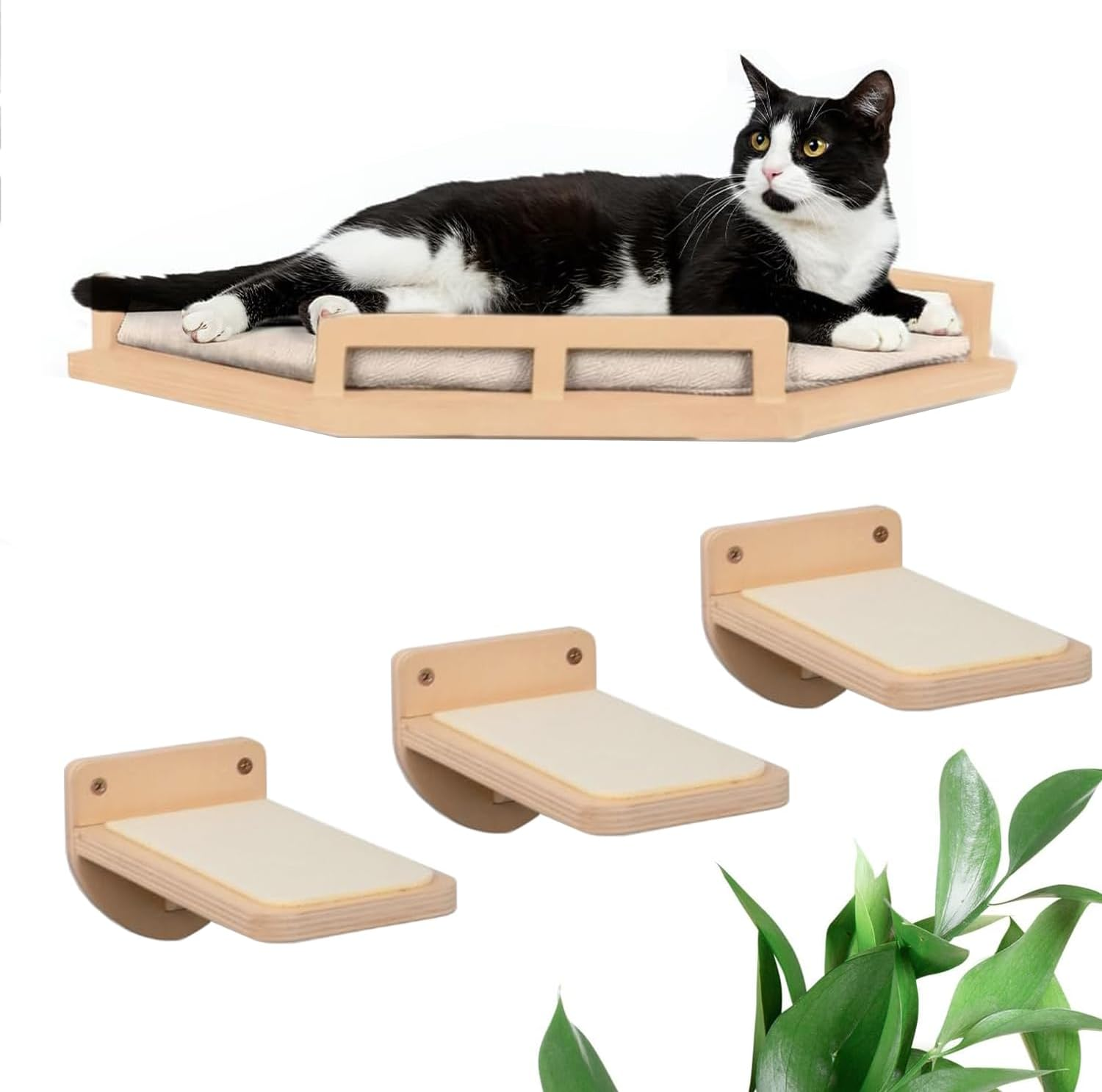 Cat Wall Shelves - Contemporary & Sturdy 3-Tier Wall-Mounted Cat Furniture with Cozy Perch - Space-Saving Birch Floating Shelves for Pets up to 15Lbs - Premium Natural Wood Design image number 1