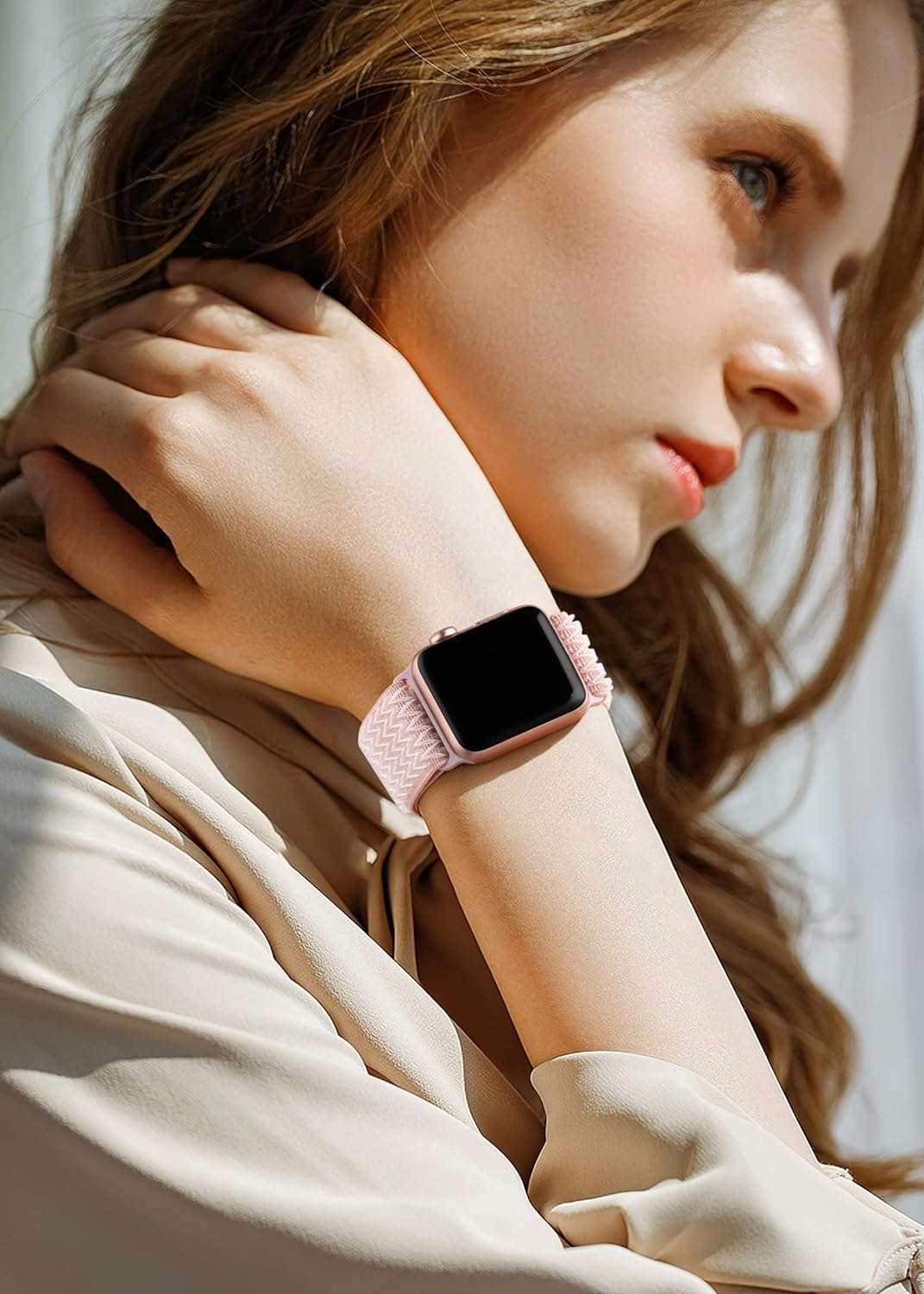 T Tersely 3Pack Stretchy Nylon Bands Compatible with Apple Watch Series 11 SE3 10 9 8 7 6 5 4 3 2/Se,42/41/40/38Mm Adjustable Breathable Elastic Sport Strap Solo Loop for Apple - Starlight+Smoke Blue+Lavender Gray image number 7