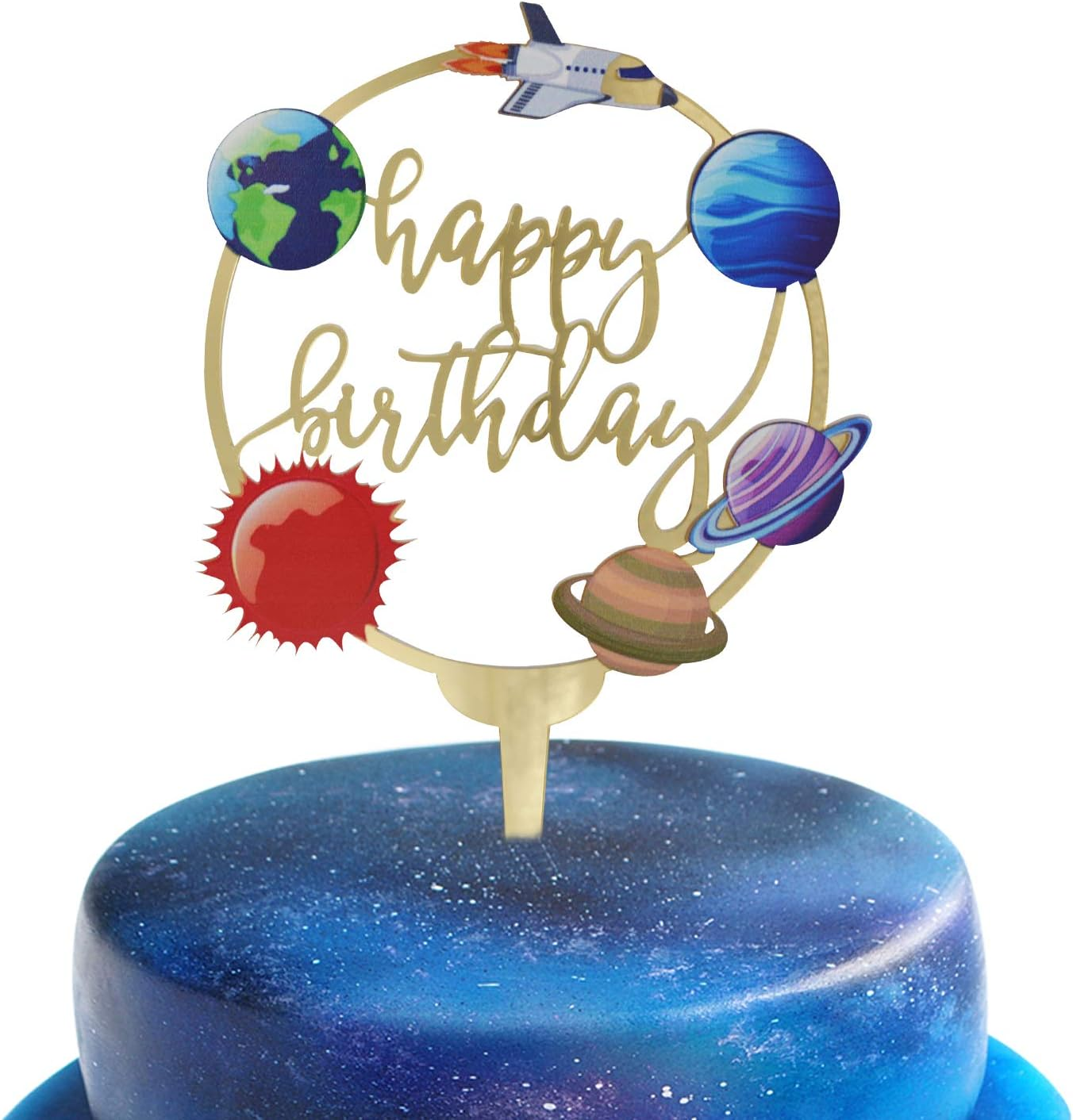 Happy Birthday Acrylic Cake Toppers for Outer Space Theme Birthday Party Decorations, Rocket Galaxy Planet Cake Toppers for Kids (Gold) image number 2