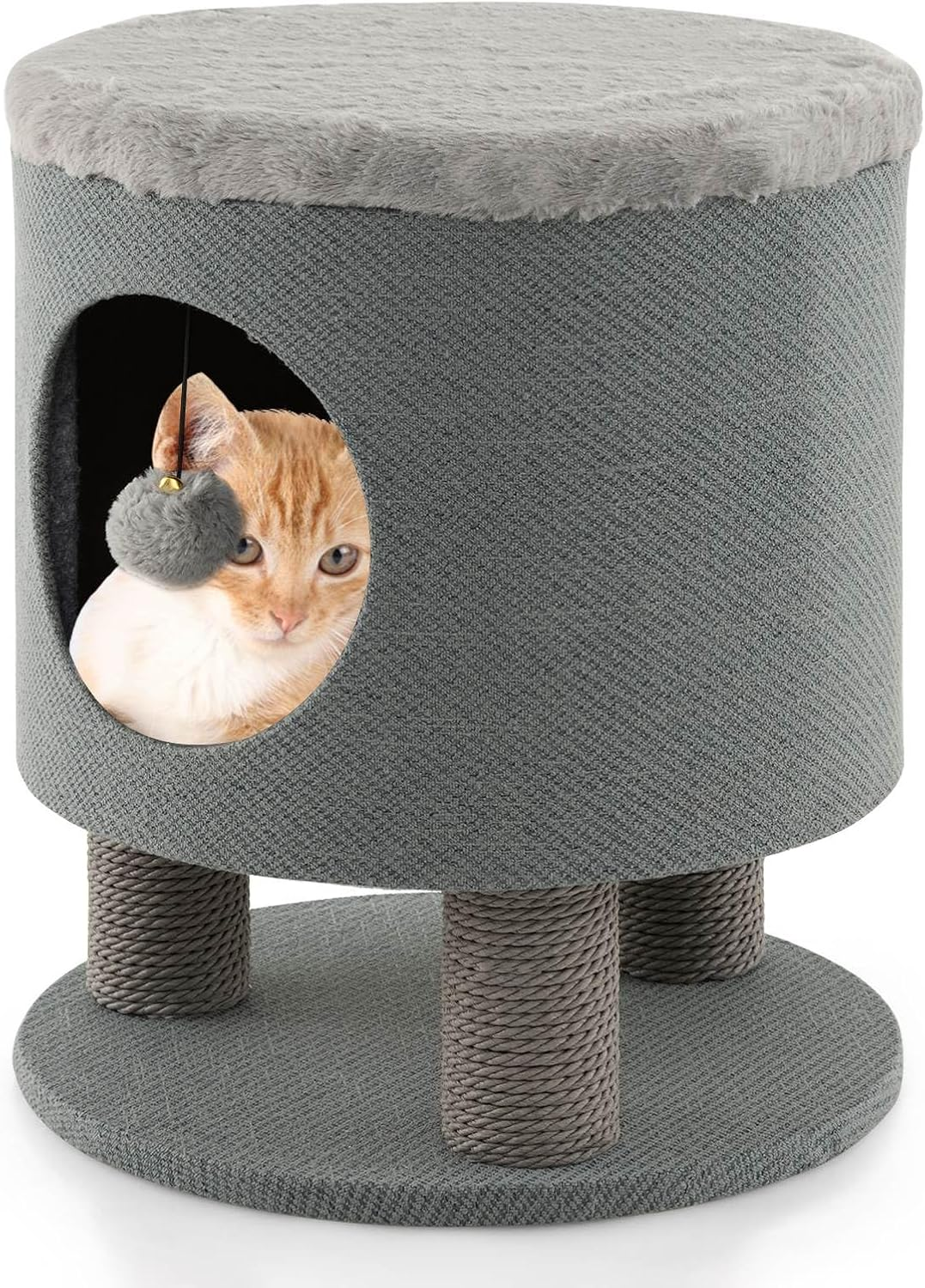 Costway Cat Condo Stool, Cat House Stool, Cat House Cube, Enclosed Cat Shelter, Small Cat Tree, Cat Furniture Bed with Scratching Post, Multipurpose Cat House (Grey, 40 X 40 X 47 Cm (L X W X H))
