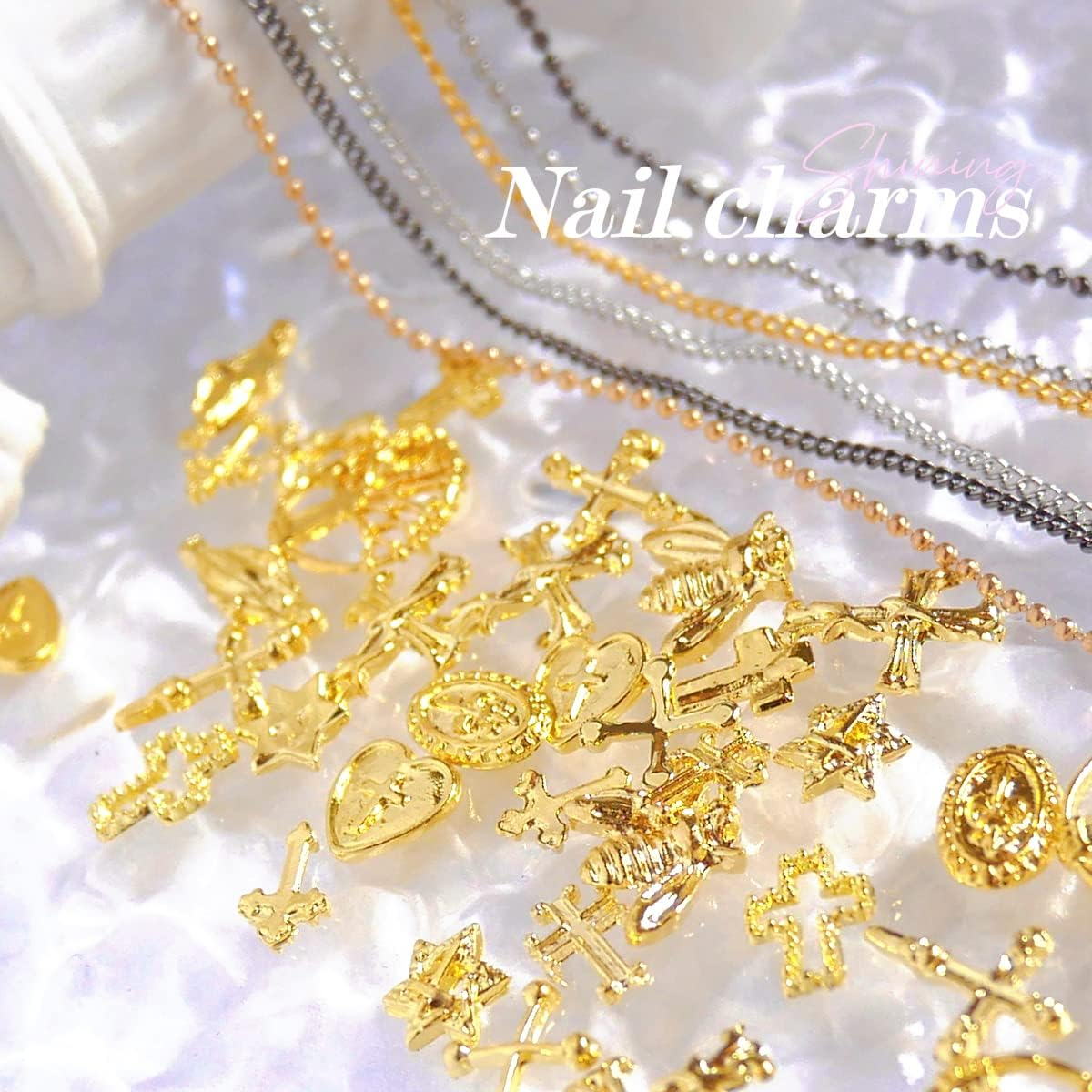 136Pcs 3D Nail Charms Rhinestones for Acrylic Nail Art Metal Nail Chains Gold Cross Heart Vintage Alloy Nail Rivet Studs Tip Punk Accessories Decoration Craft DIY image number 2
