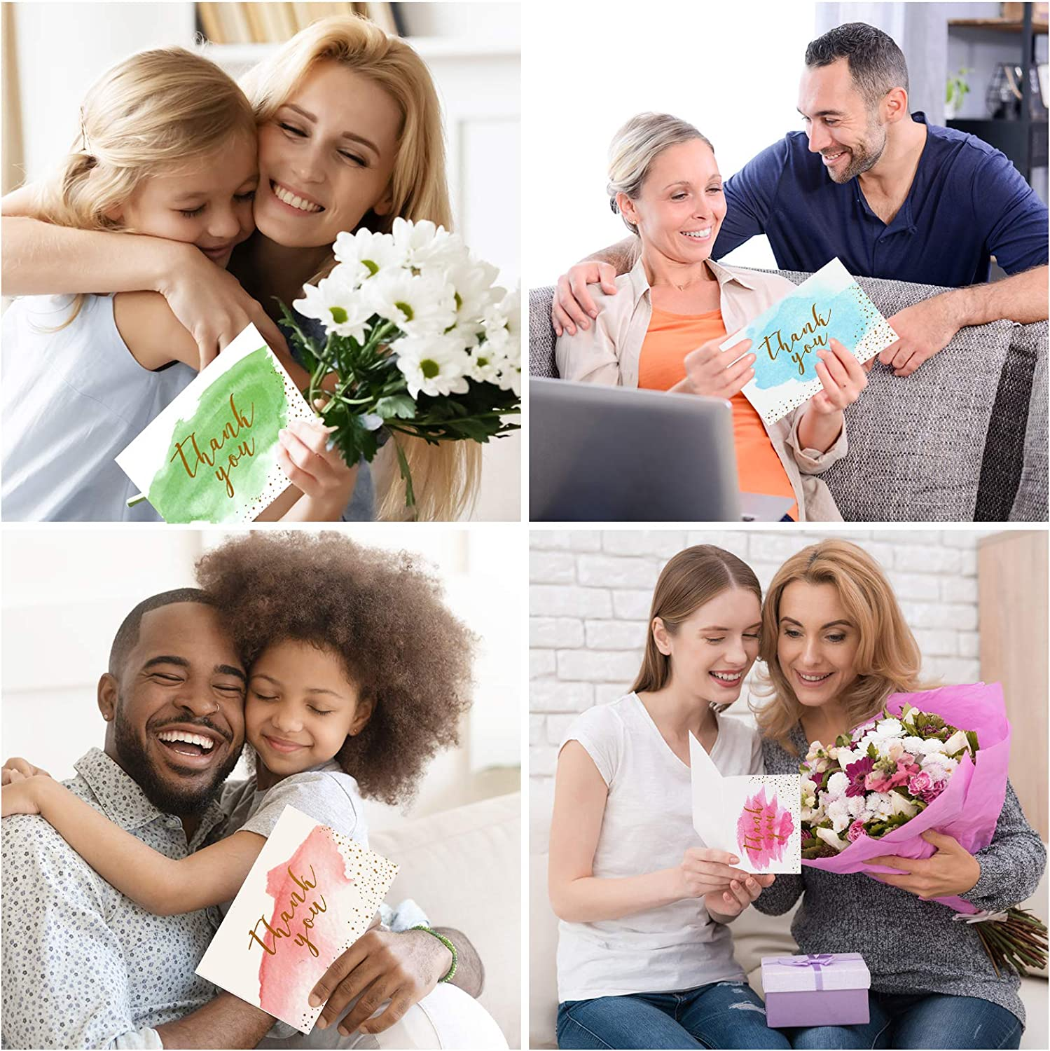 Thank You Cards Set: 12 Sheets Thank You Greeting Cards with Envelopes and Stickers,Watercolour Design, Greeting Cards for Wedding, Kids - Fully Recyclable and Eco-Friendly Cards image number 4