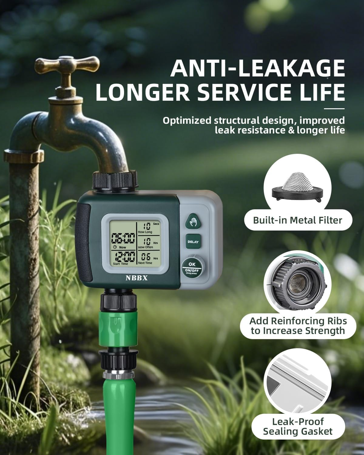 Automatic Water Timer for Garden Hose Tap, Digital Sprinkler Timer with Rain Delay, Outdoor Tap Water Timer for Lawn Garden Irrigation Watering System (Green)