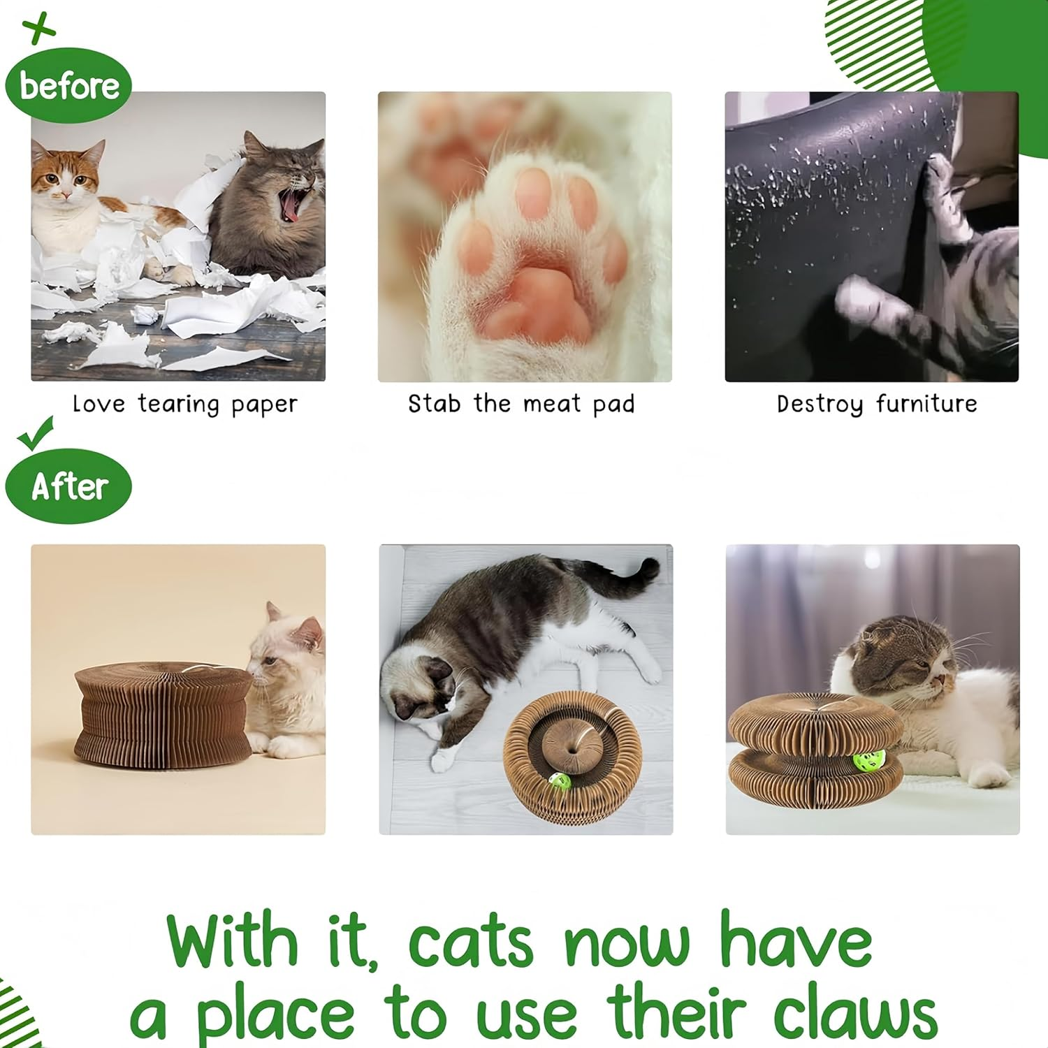 Febohao Cat Scratcher Board Post Portable Pet Interactive Cat Accordion Toy with Ball for Indoor Protect Sofa from Cat Scratching image number 1