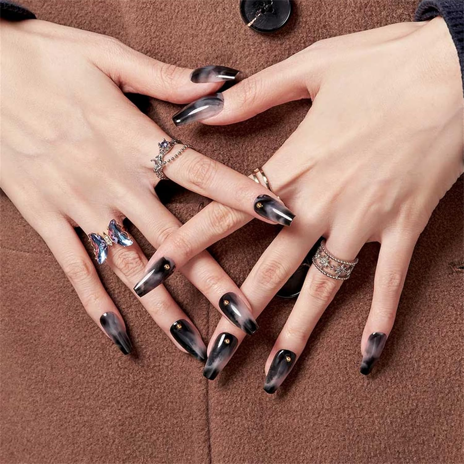 Black Press on Nails Coffin, GLAMERMAID Black Flase Nails Medium Long Reusable Acrylic Fake Nails with Glue, 24Pcs Black Black Glitter Stick on Nails Kits Full Cover with Design for Women Girls