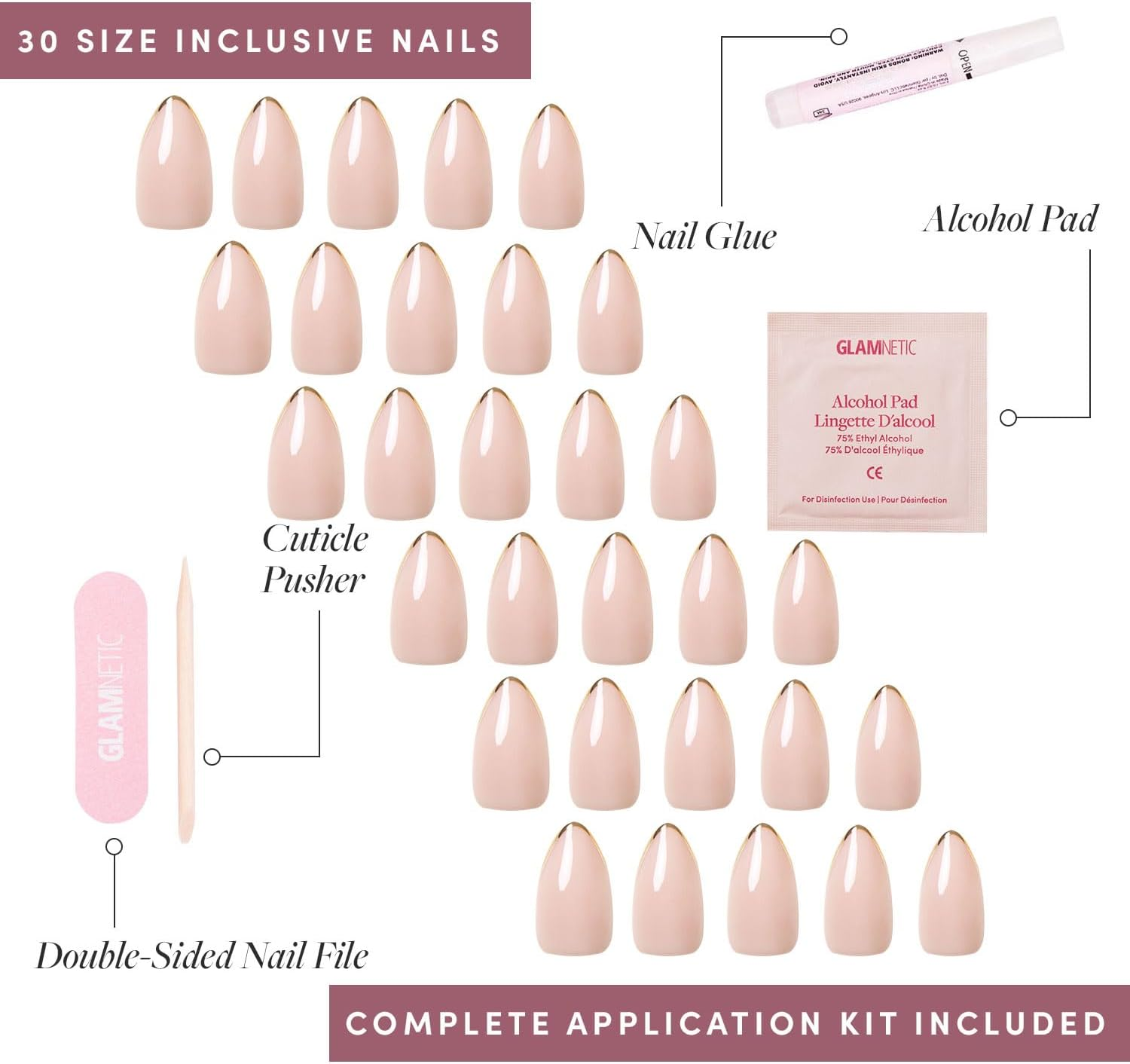 Glamnetic Press on Nails - Gold Standard | Semi-Transparent, Glossy Gold French Tip Nails, Salon Quality | 15 Sizes - 30 Nail Kit with Glue image number 5